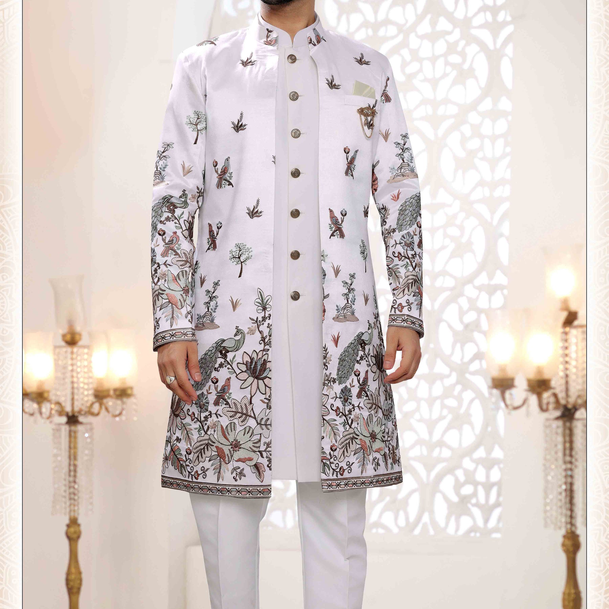 Embroidered Art Silk Sherwani in Off White