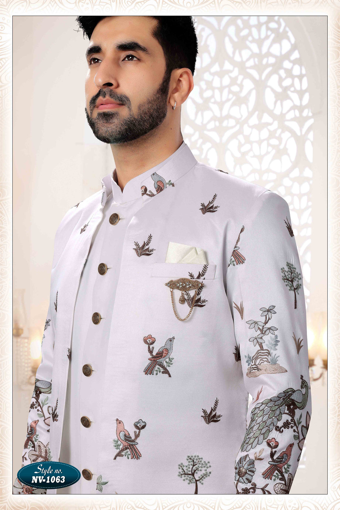 Embroidered Art Silk Sherwani in Off White