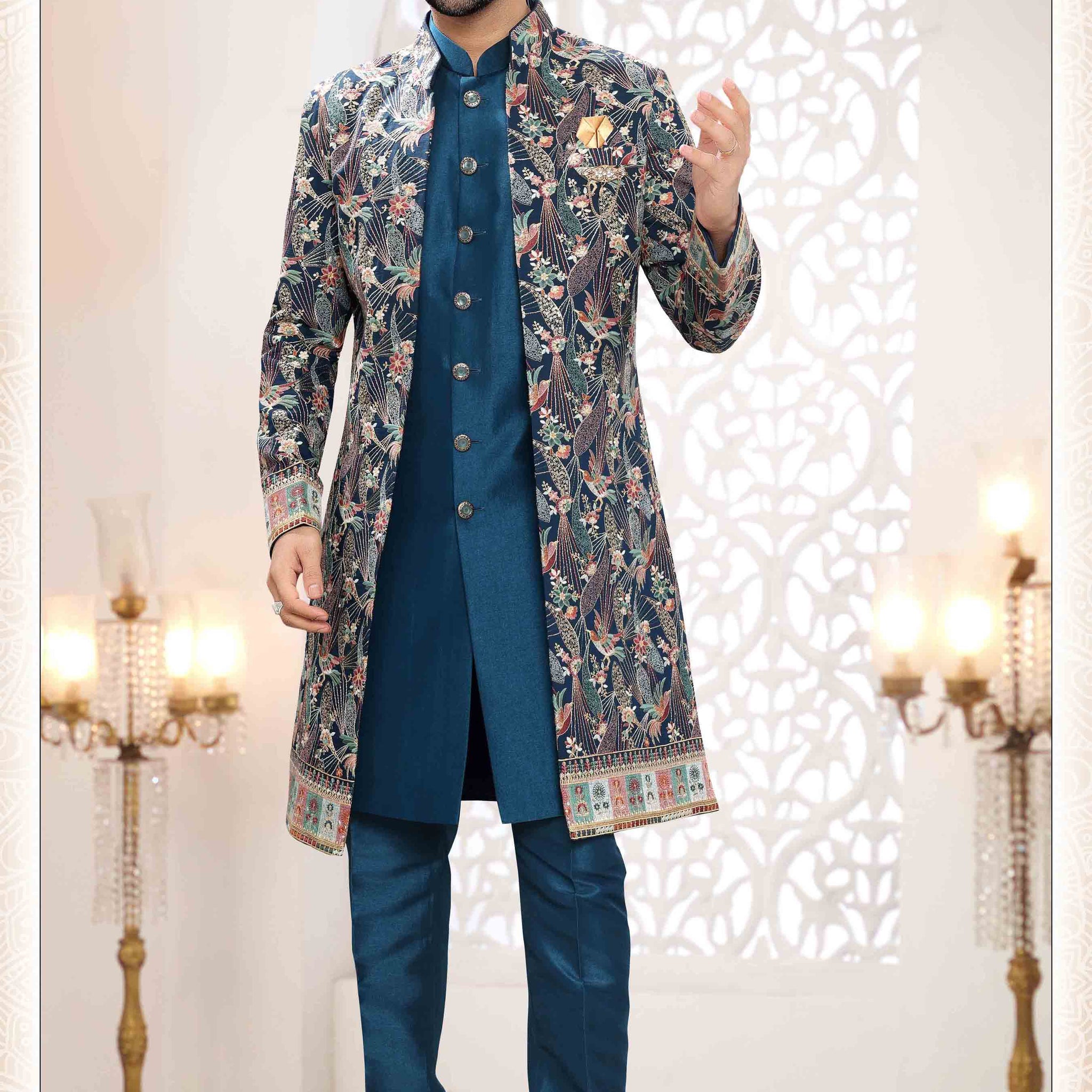 Embroidered Art Silk Sherwani in Off Blue