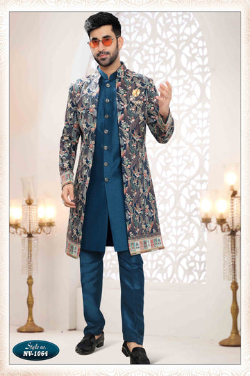 Embroidered Art Silk Sherwani in Off Blue