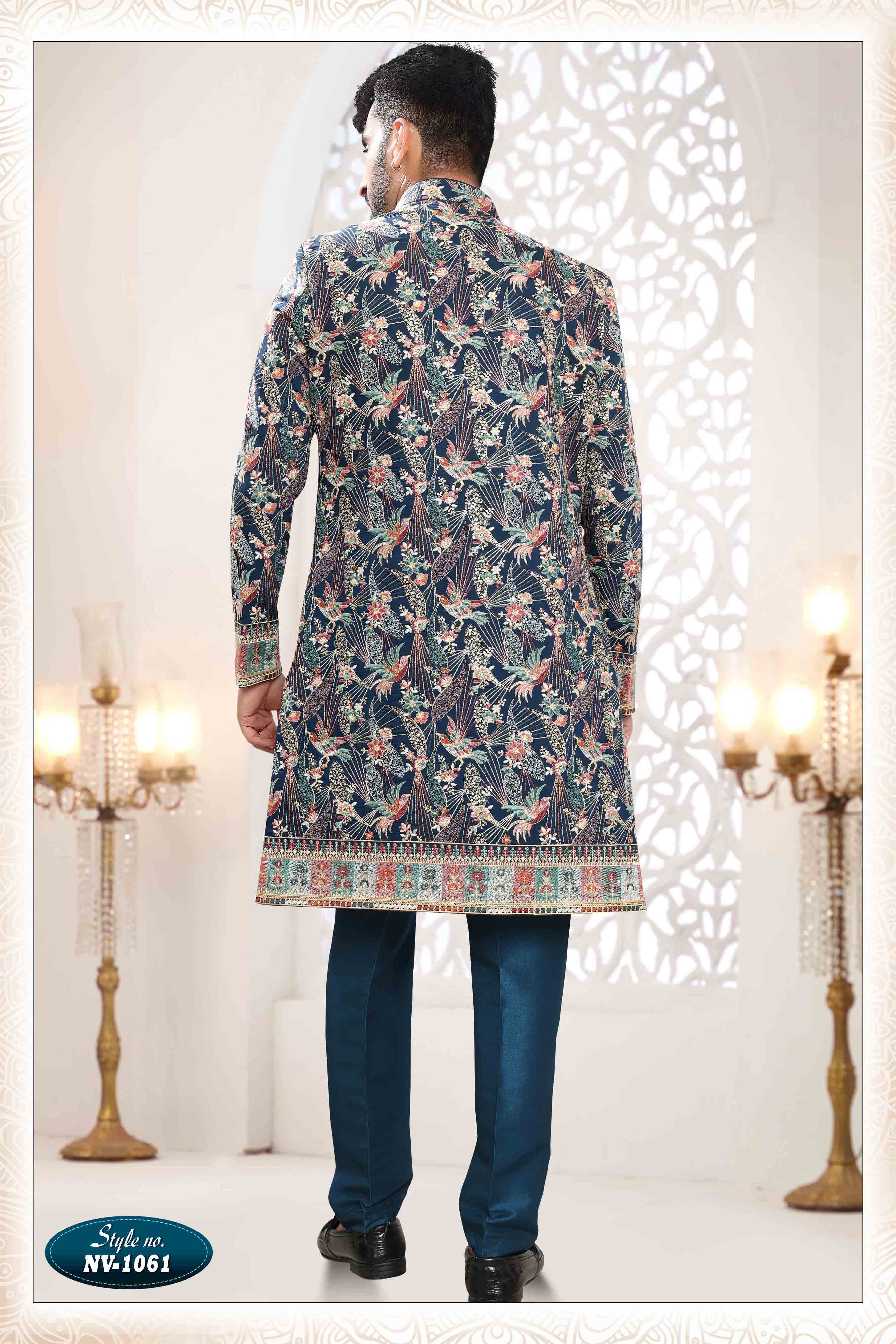 Embroidered Art Silk Sherwani in Off Blue