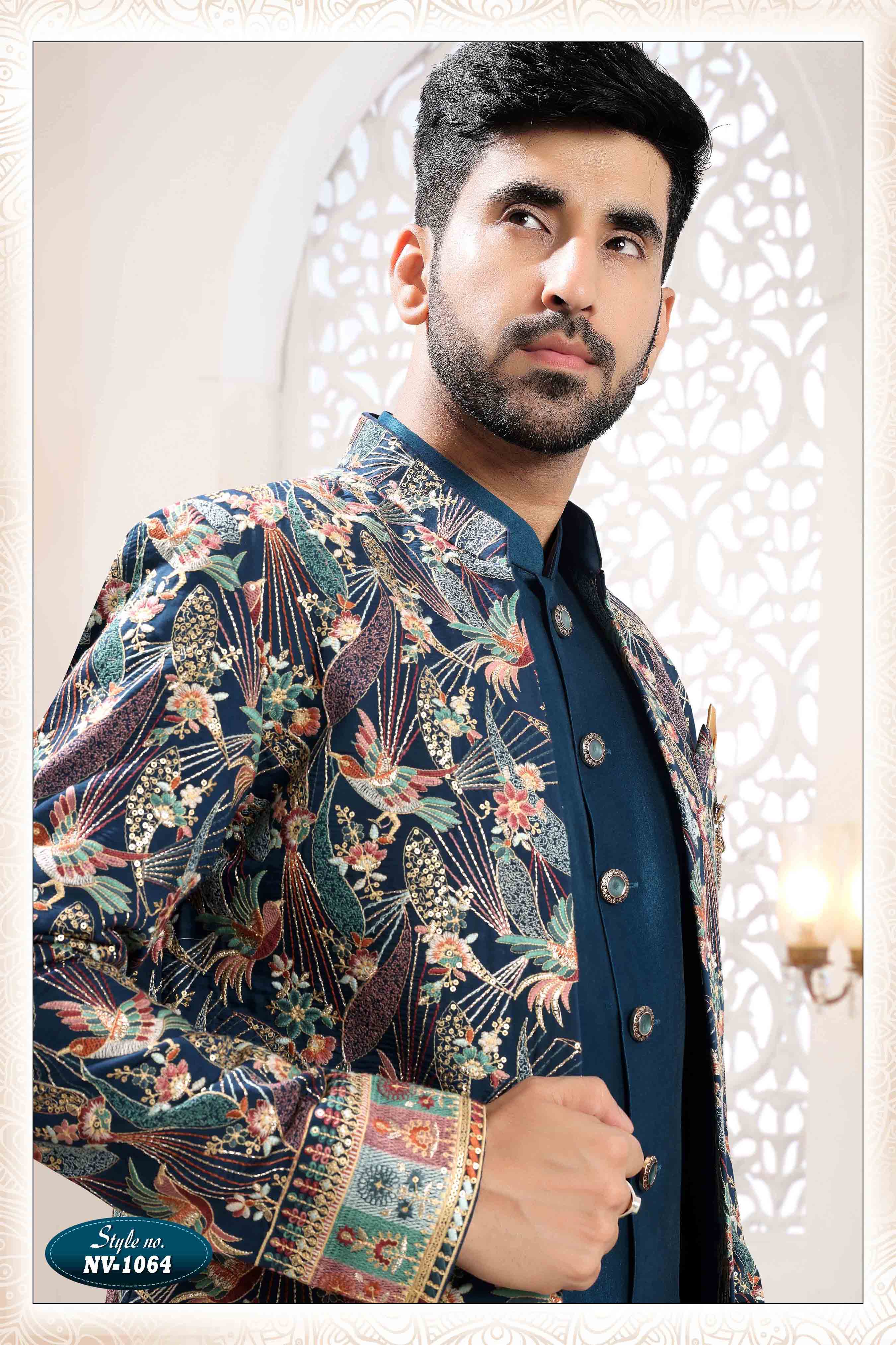 Embroidered Art Silk Sherwani in Off Blue
