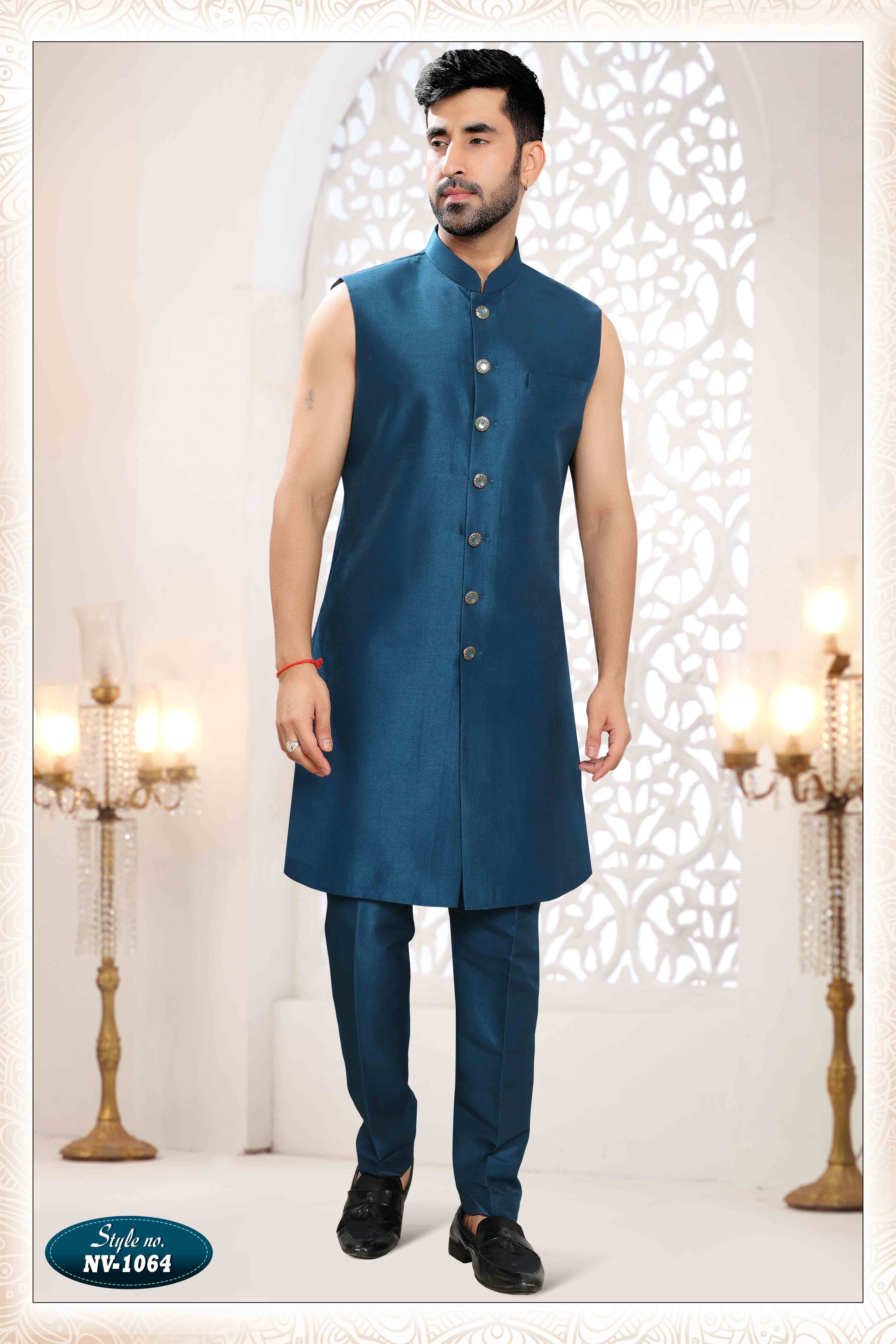 Embroidered Art Silk Sherwani in Off Blue