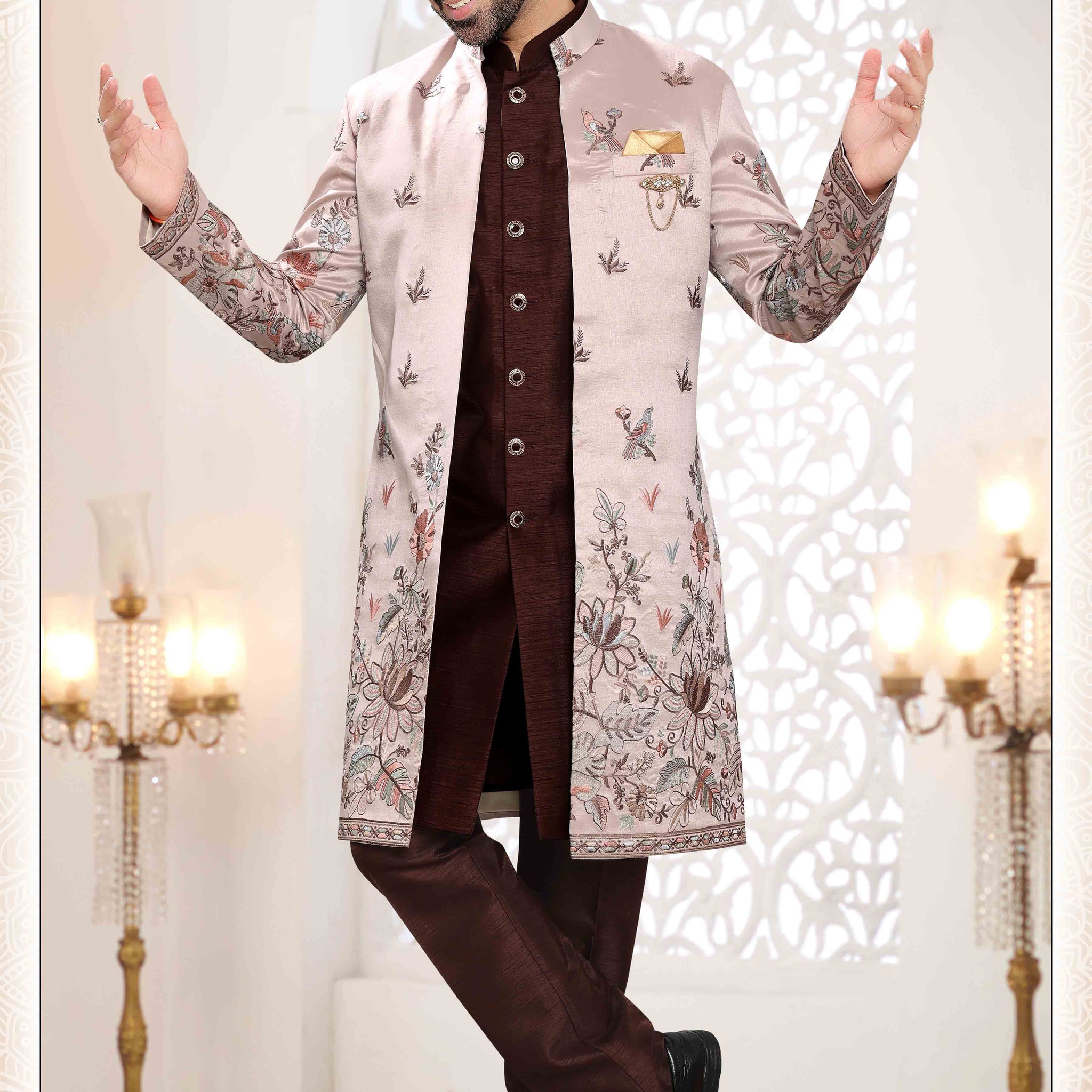 Embroidered Art Silk Sherwani in Off Brown