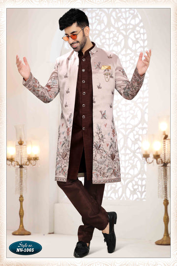 Embroidered Art Silk Sherwani in Off Brown