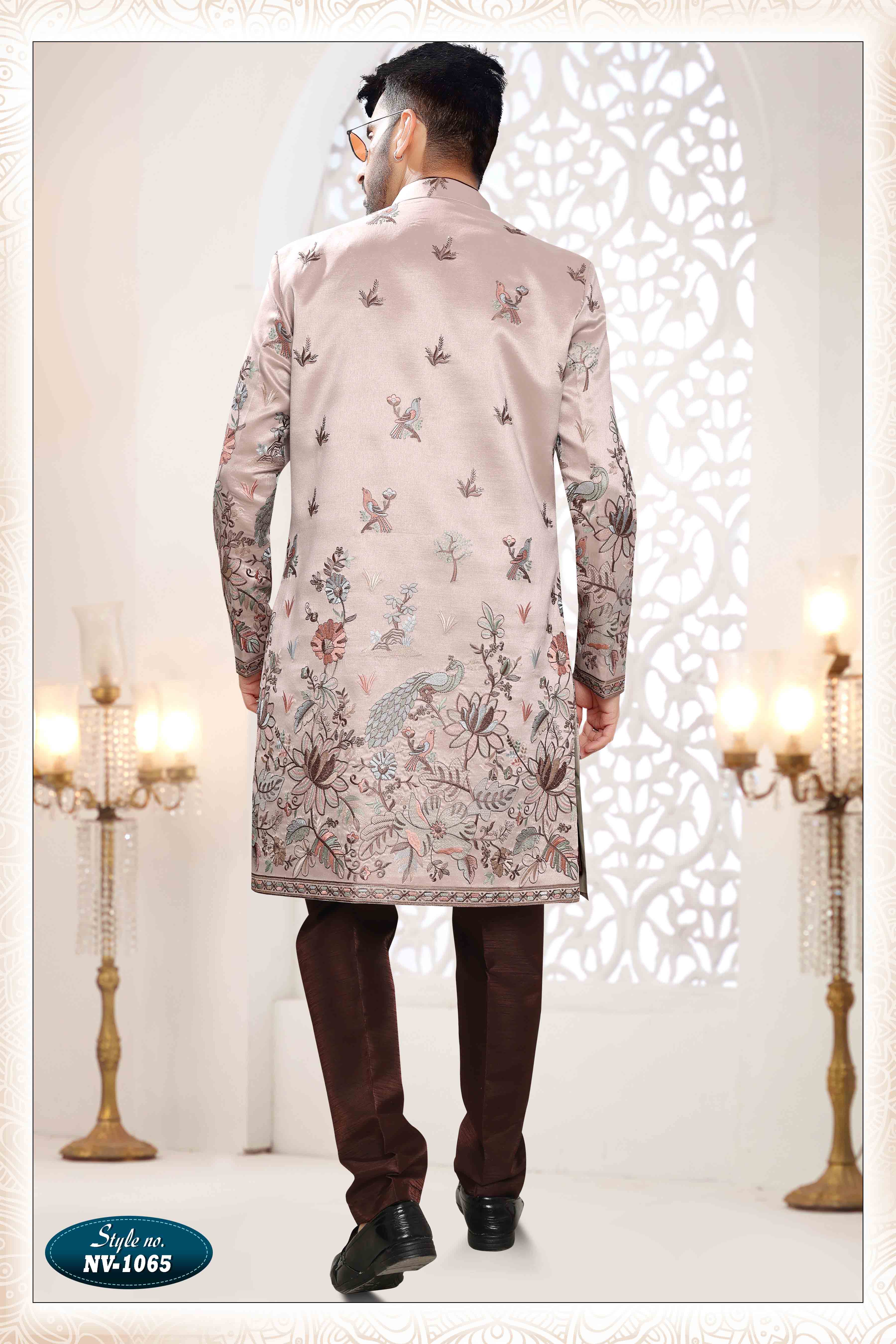 Embroidered Art Silk Sherwani in Off Brown