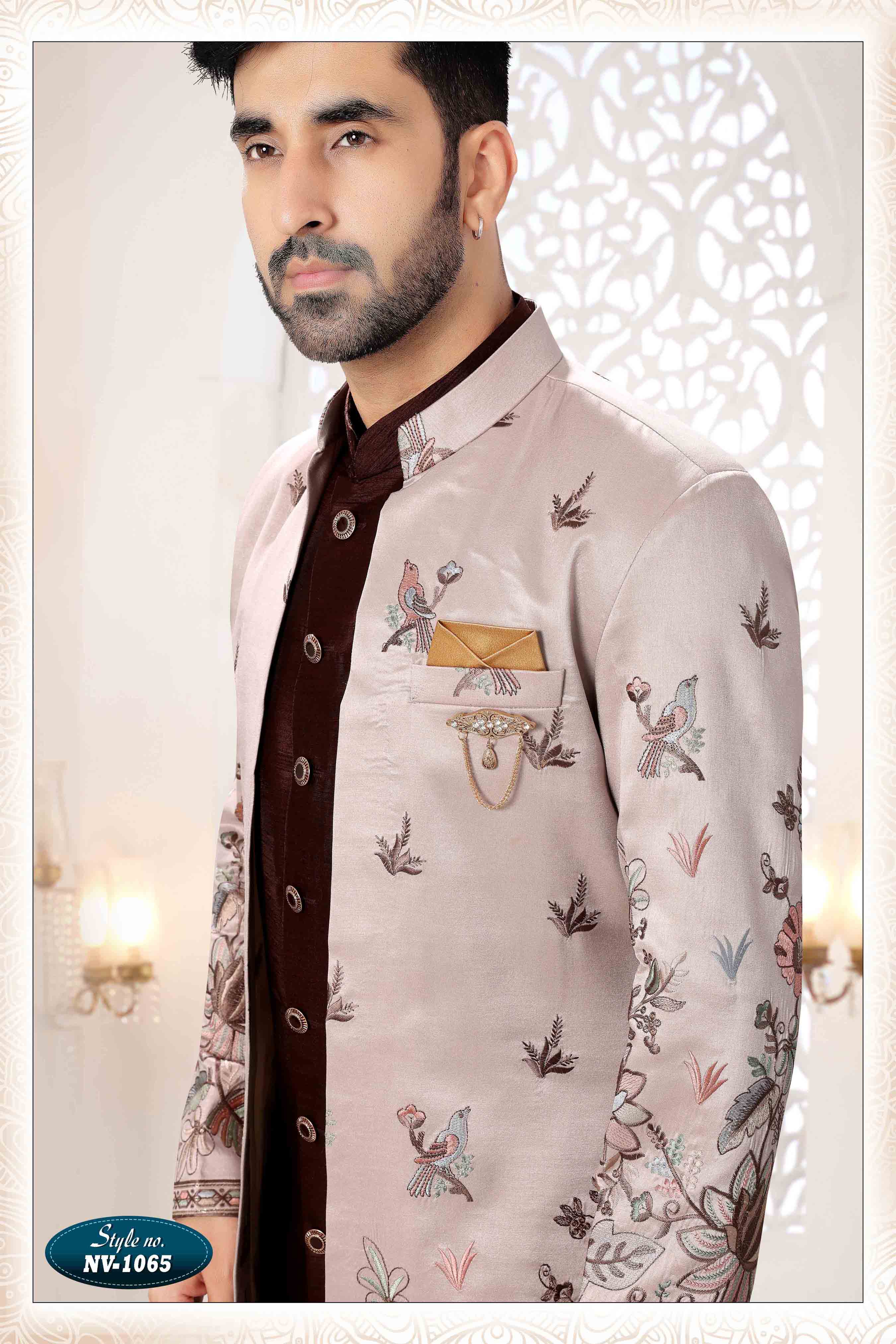 Embroidered Art Silk Sherwani in Off Brown