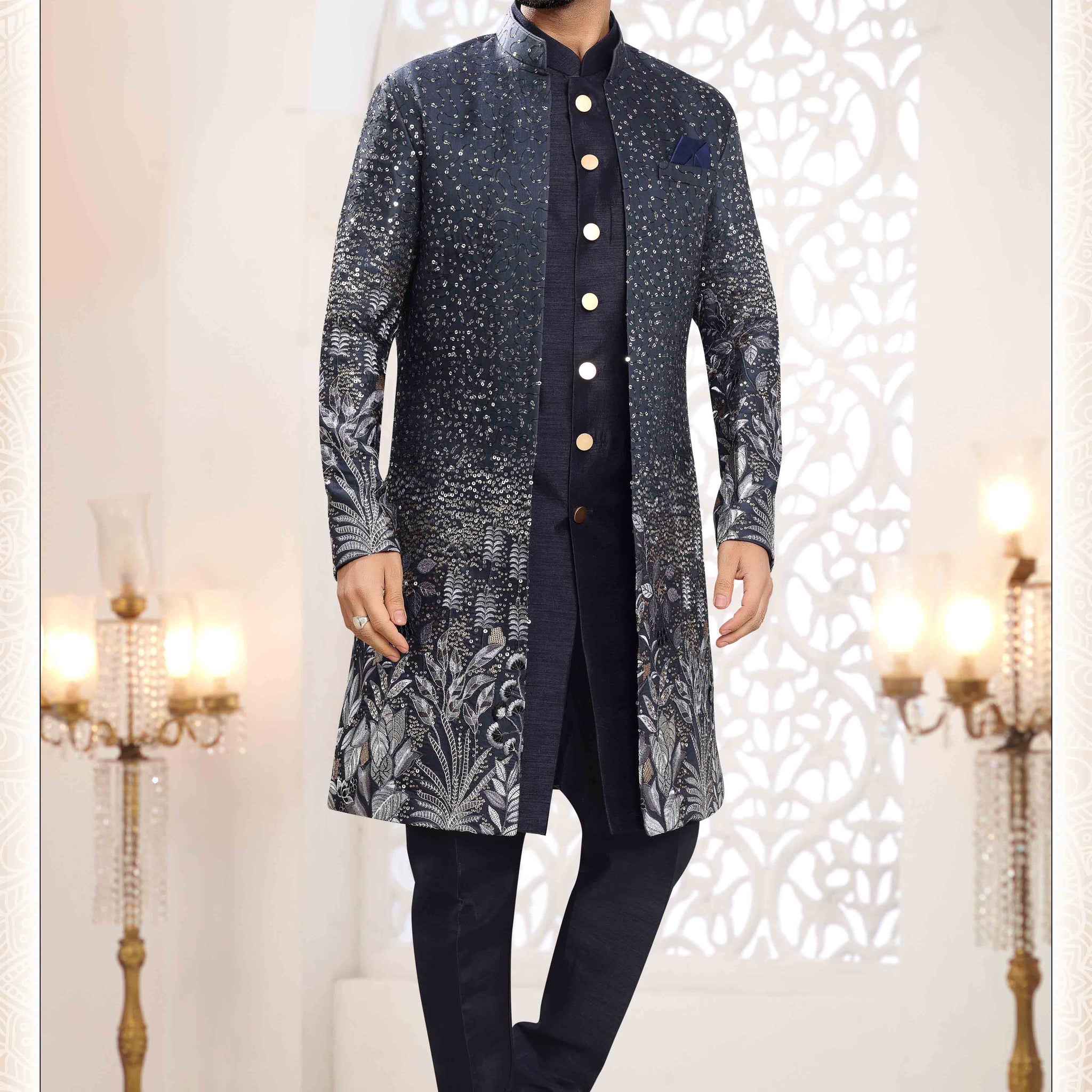 Embroidered Art Silk Sherwani in Off Blue