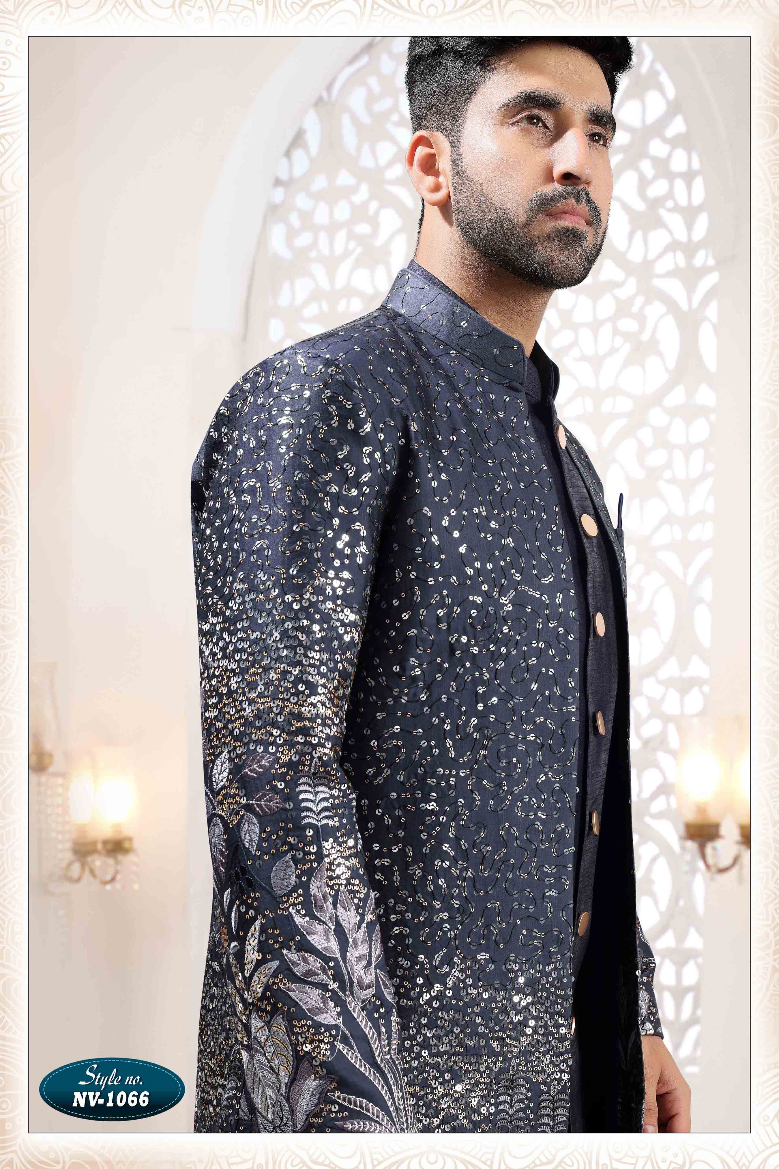 Embroidered Art Silk Sherwani in Off Blue