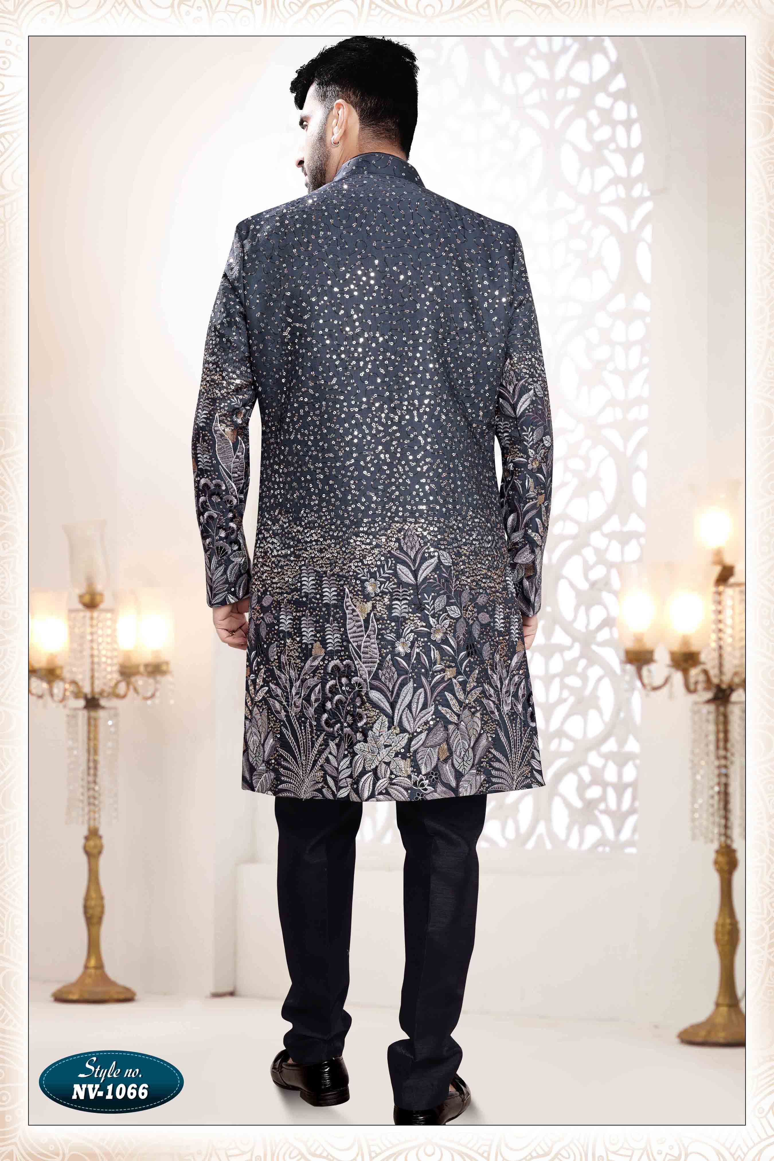 Embroidered Art Silk Sherwani in Off Blue