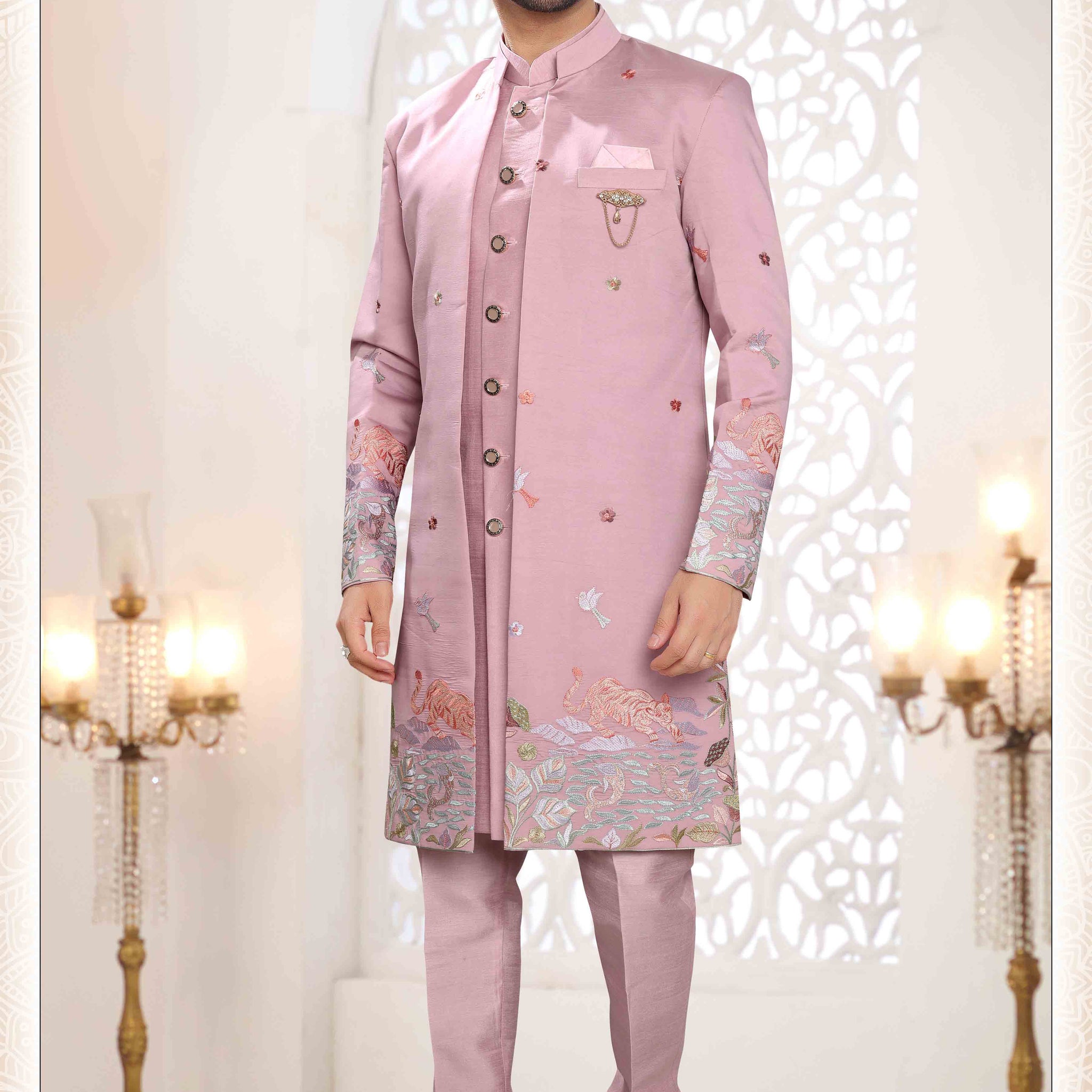 Embroidered Art Silk Sherwani in Off Pink