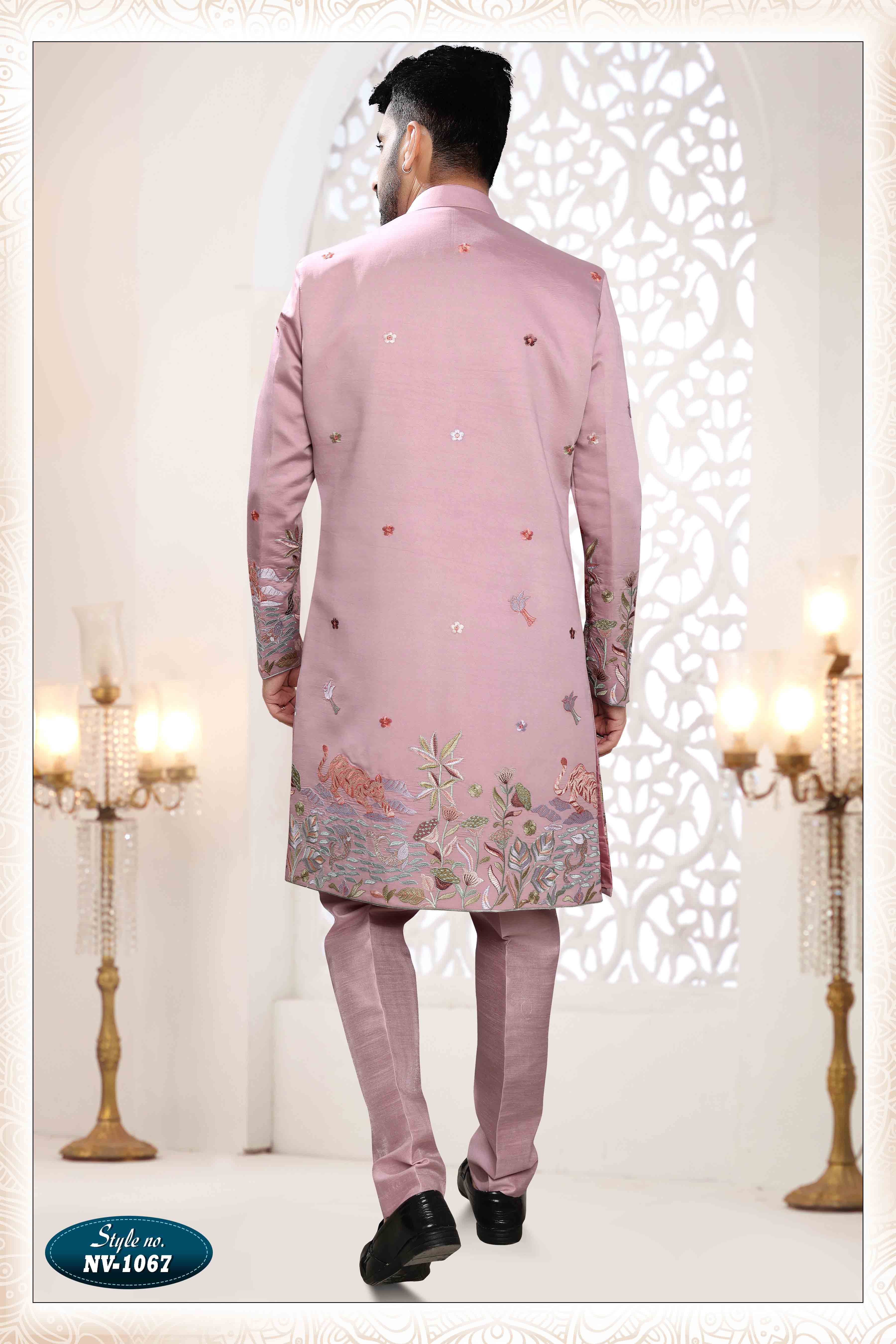 Embroidered Art Silk Sherwani in Off Pink