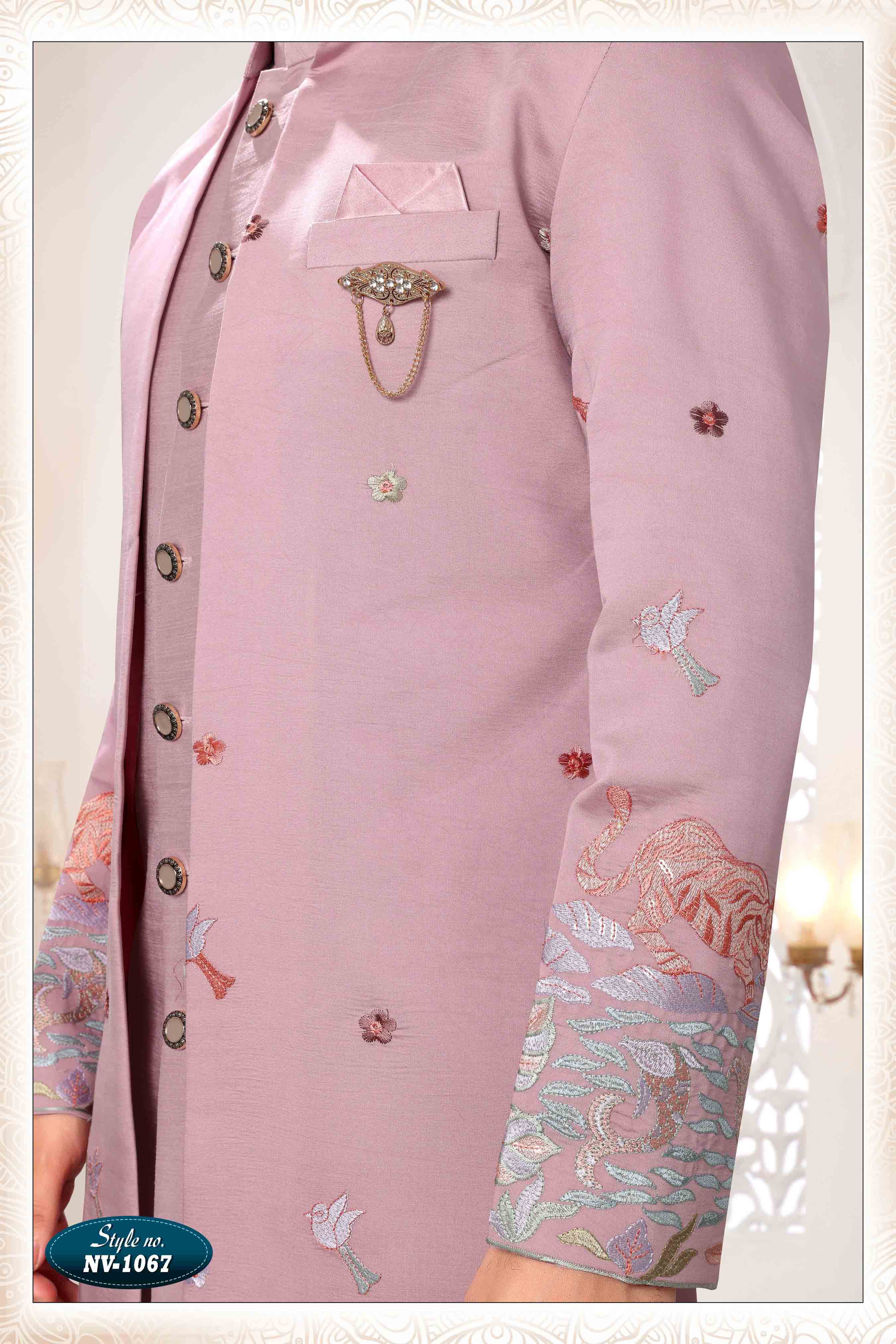 Embroidered Art Silk Sherwani in Off Pink