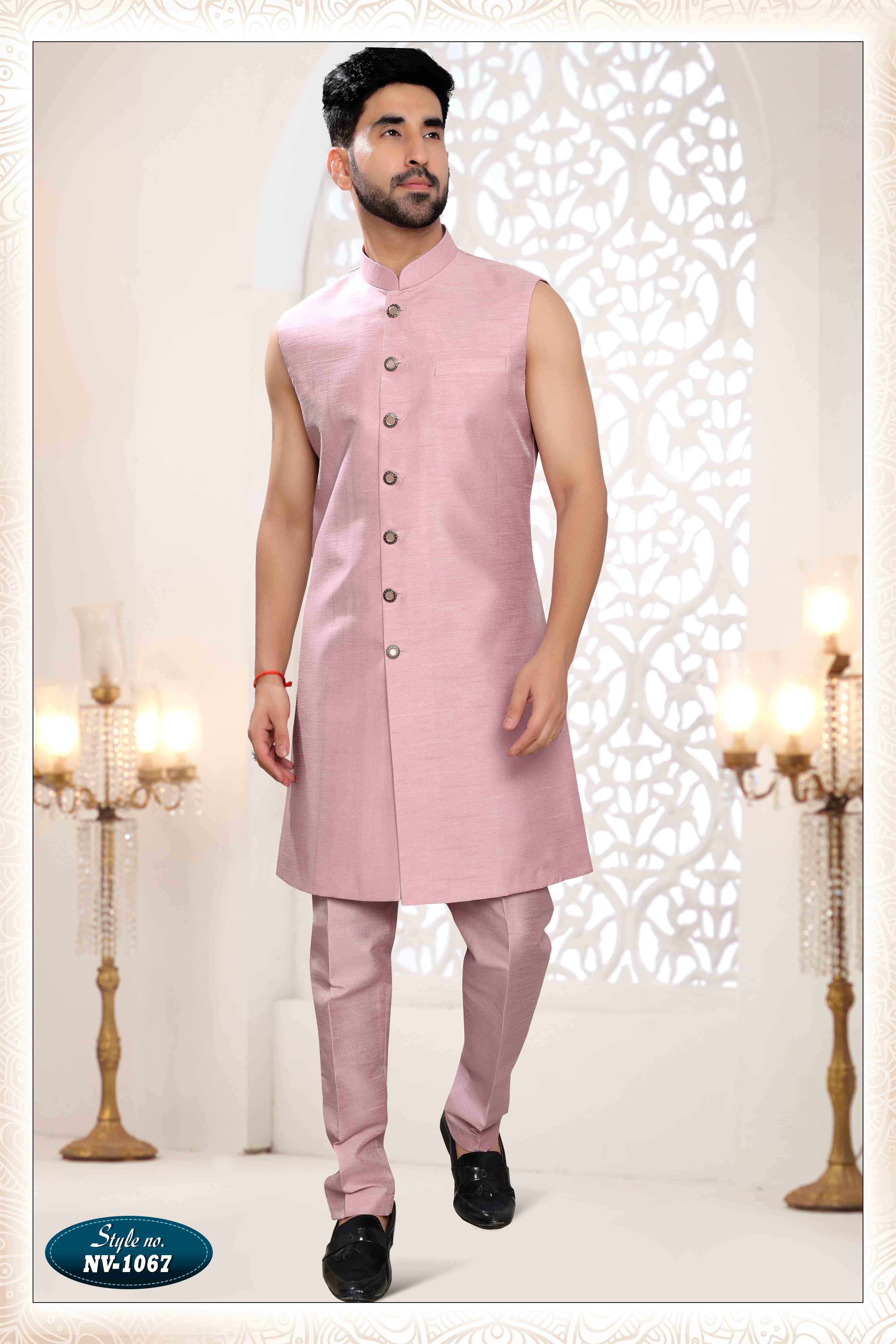 Embroidered Art Silk Sherwani in Off Pink