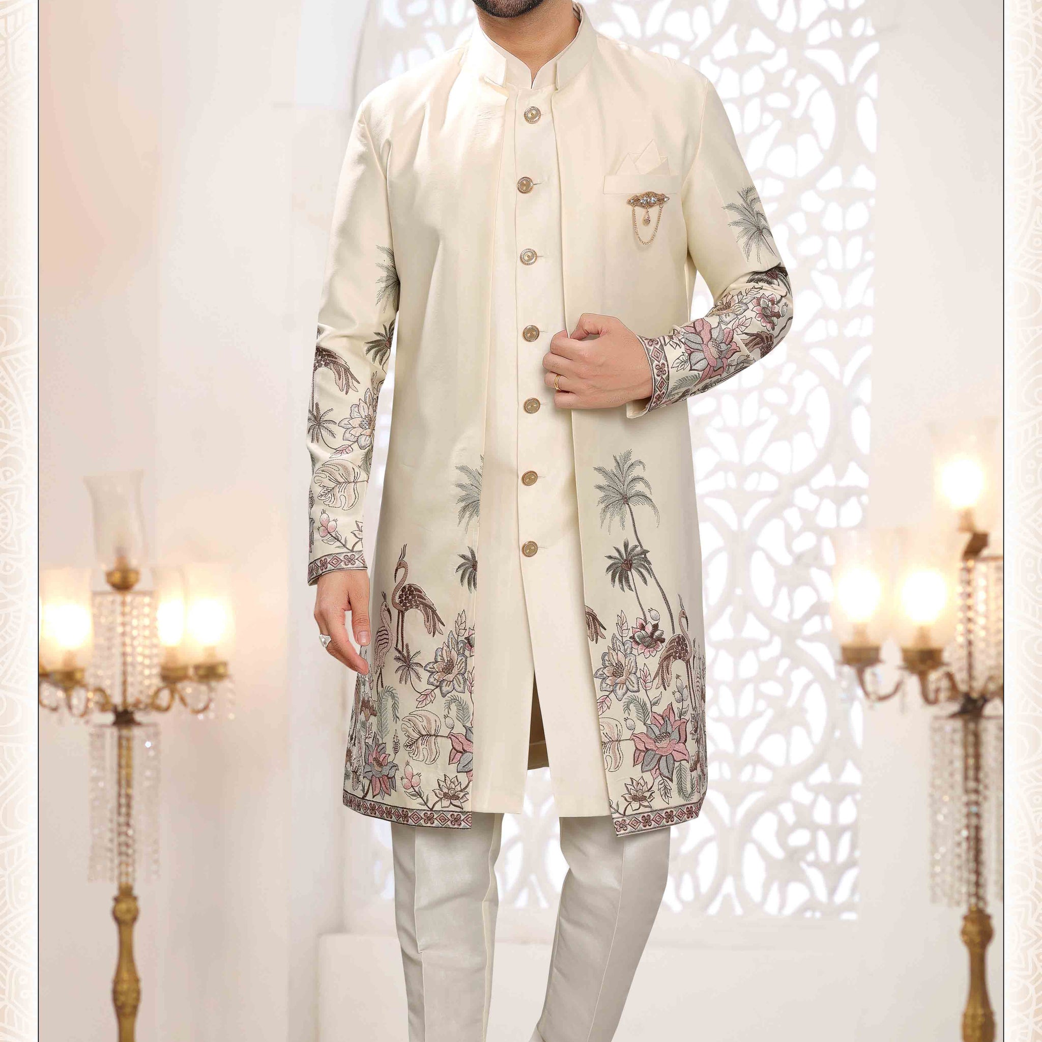Embroidered Art Silk Sherwani in Off Cream