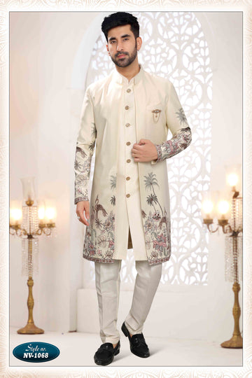 Embroidered Art Silk Sherwani in Off Cream