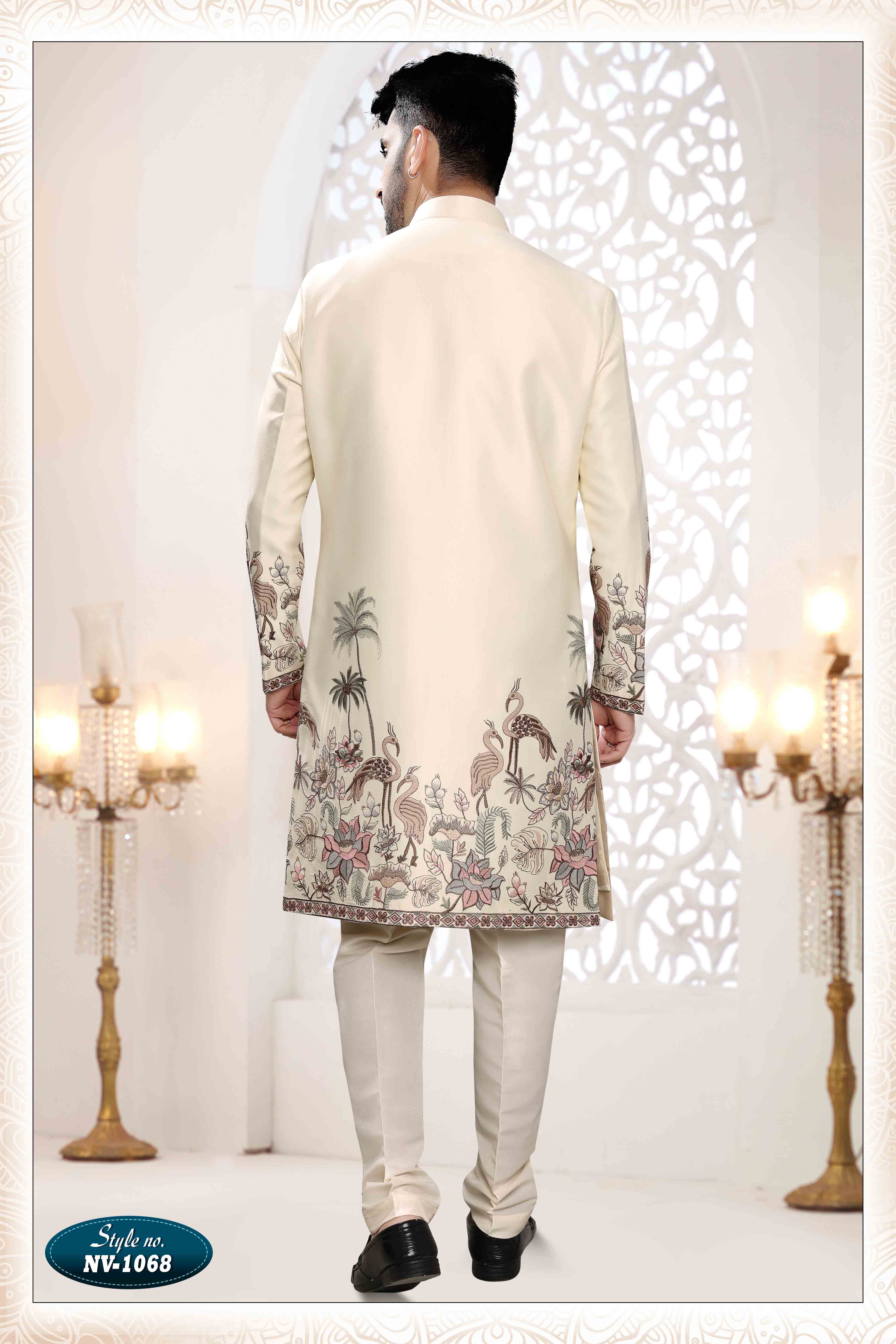 Embroidered Art Silk Sherwani in Off Cream