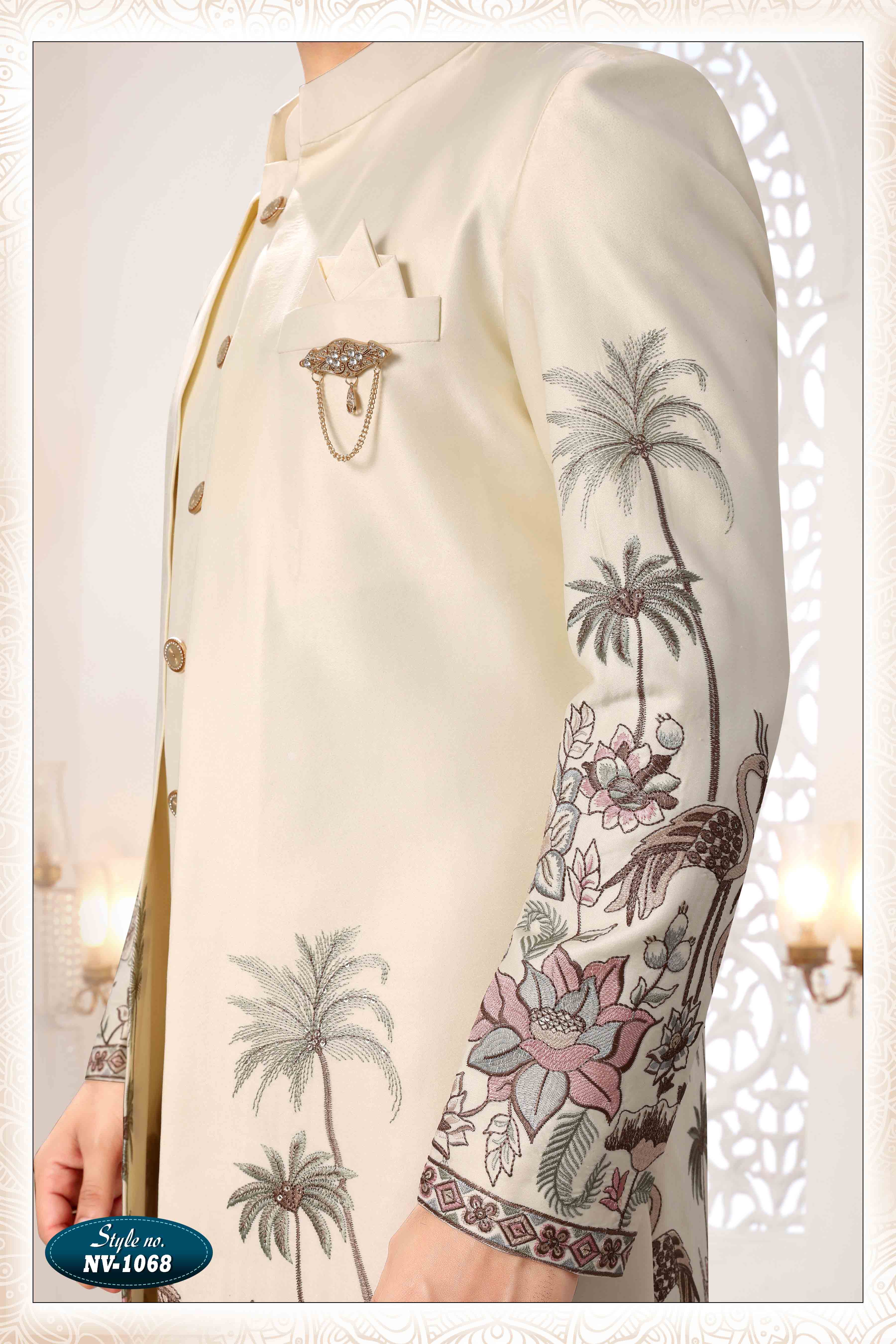 Embroidered Art Silk Sherwani in Off Cream