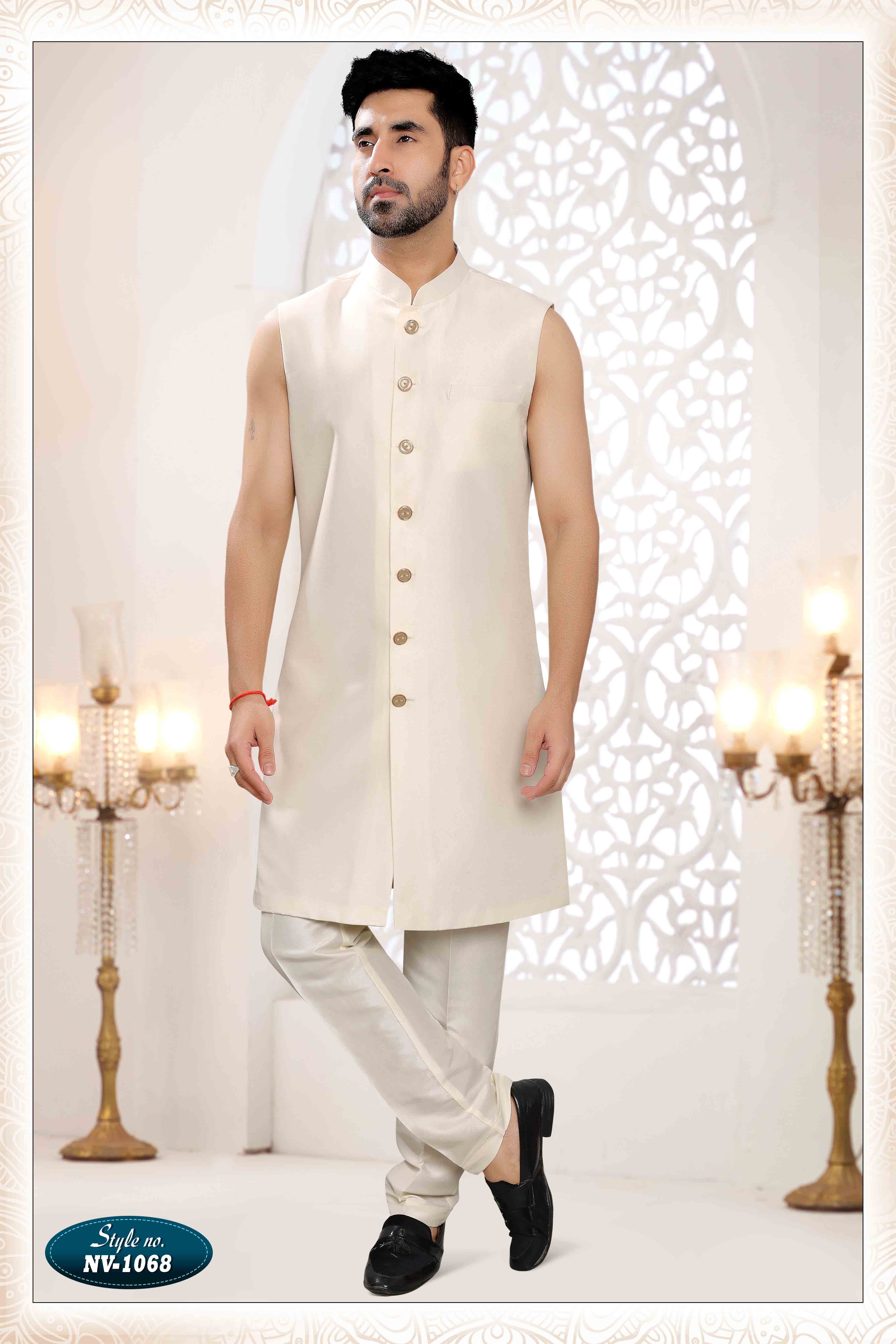 Embroidered Art Silk Sherwani in Off Cream