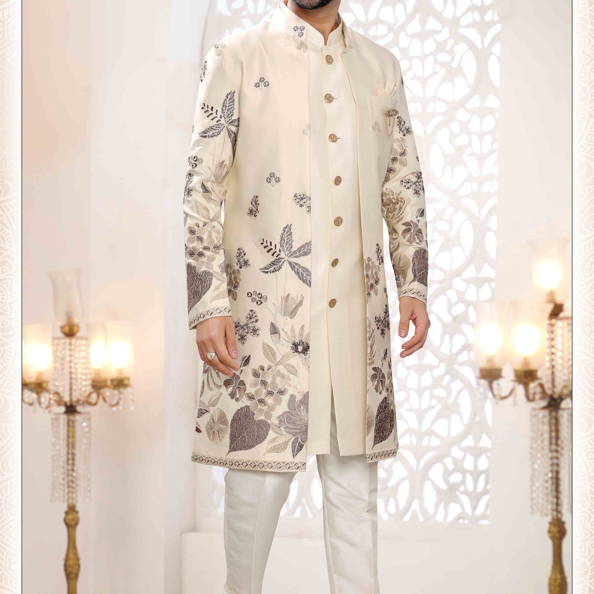 Embroidered Art Silk Sherwani in Off Cream
