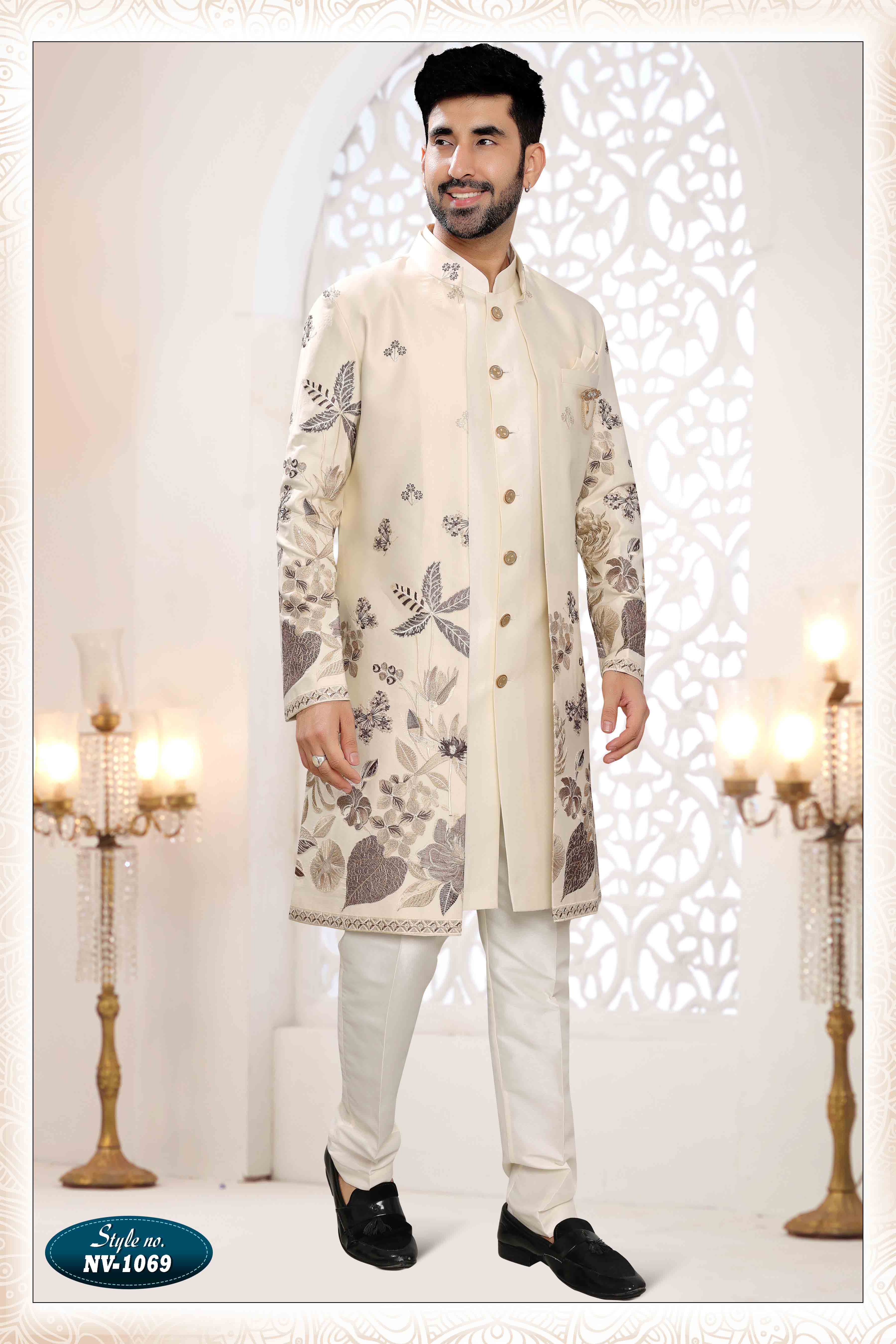Embroidered Art Silk Sherwani in Off Cream