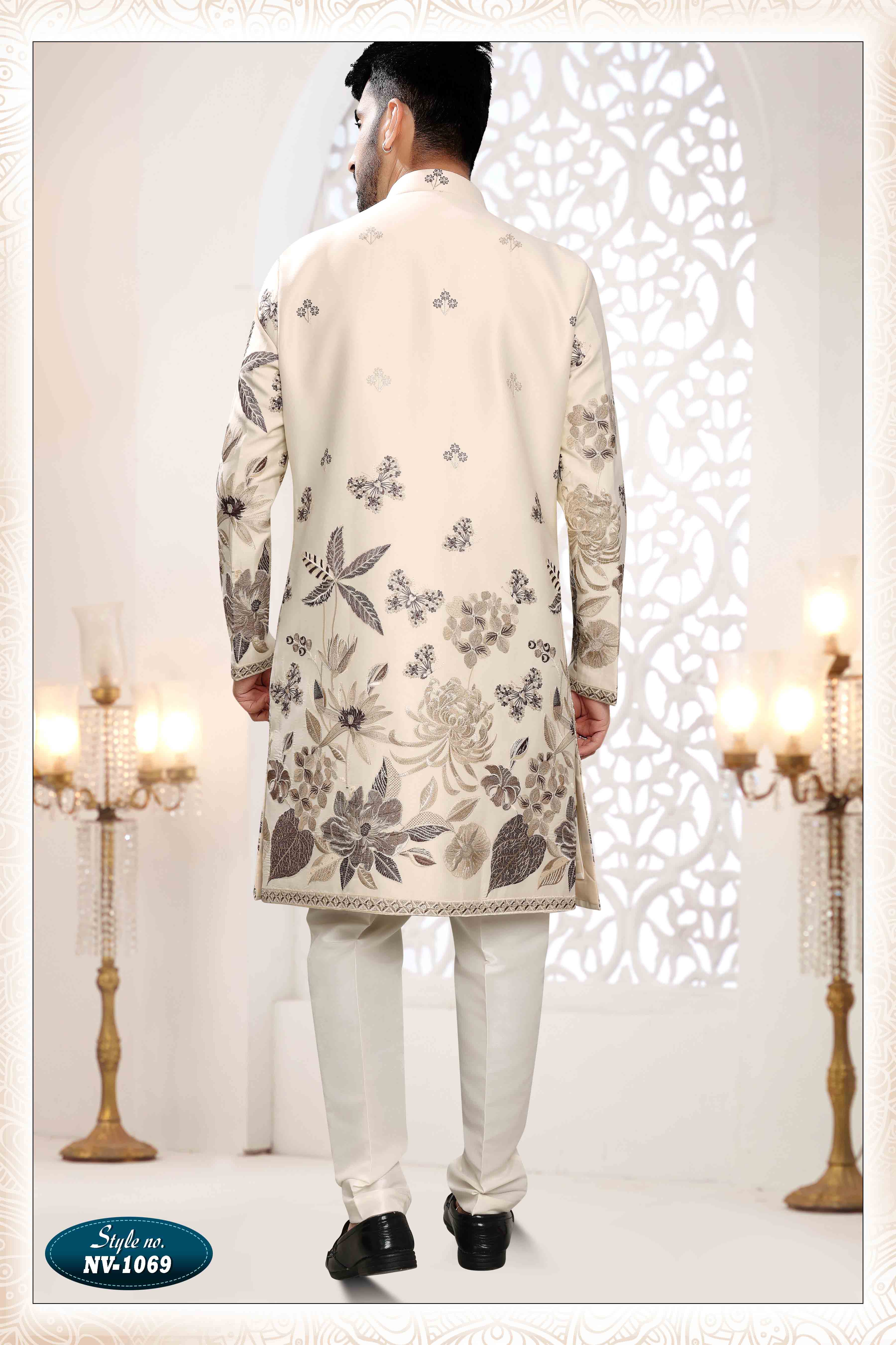 Embroidered Art Silk Sherwani in Off Cream