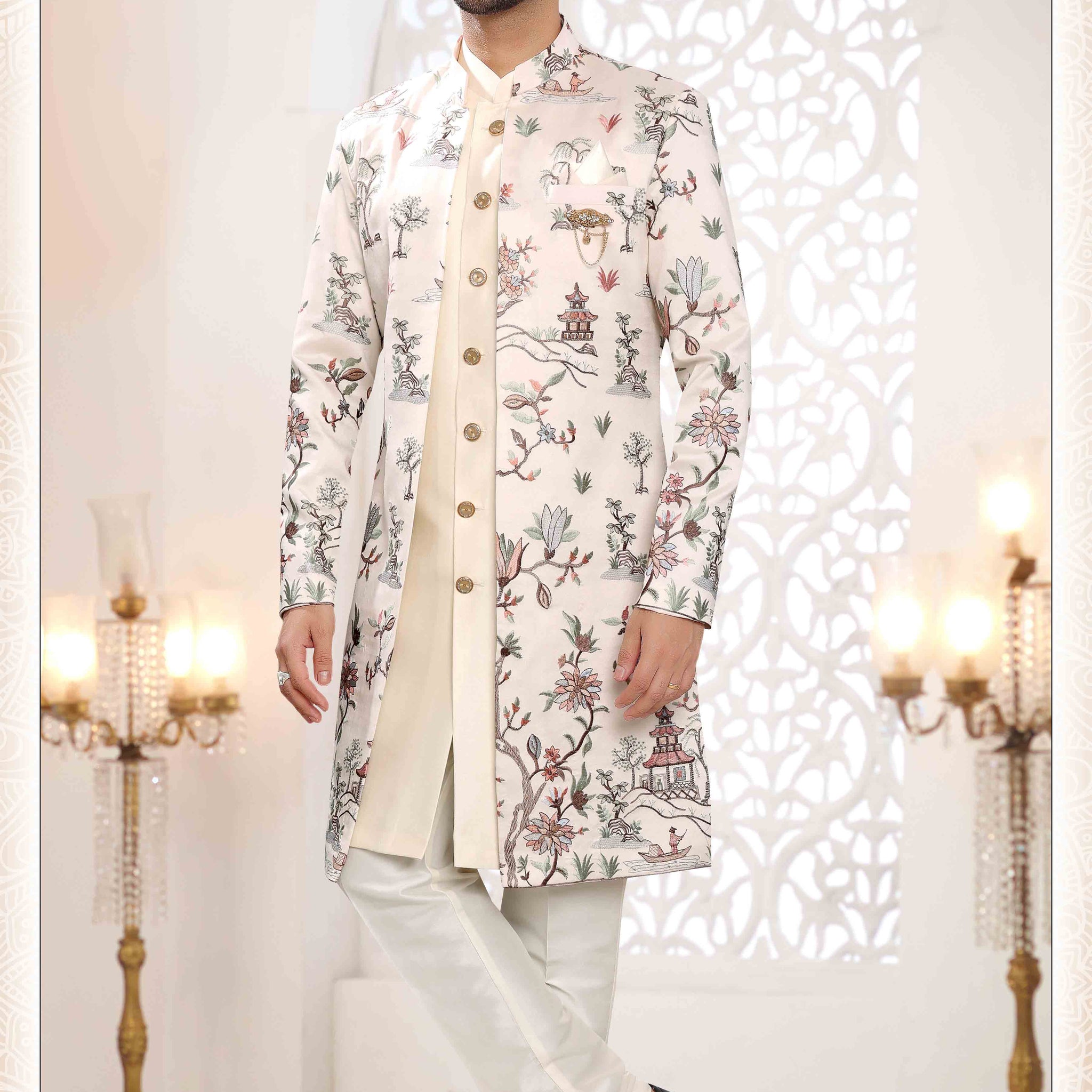 Embroidered Art Silk Sherwani in Off Cream