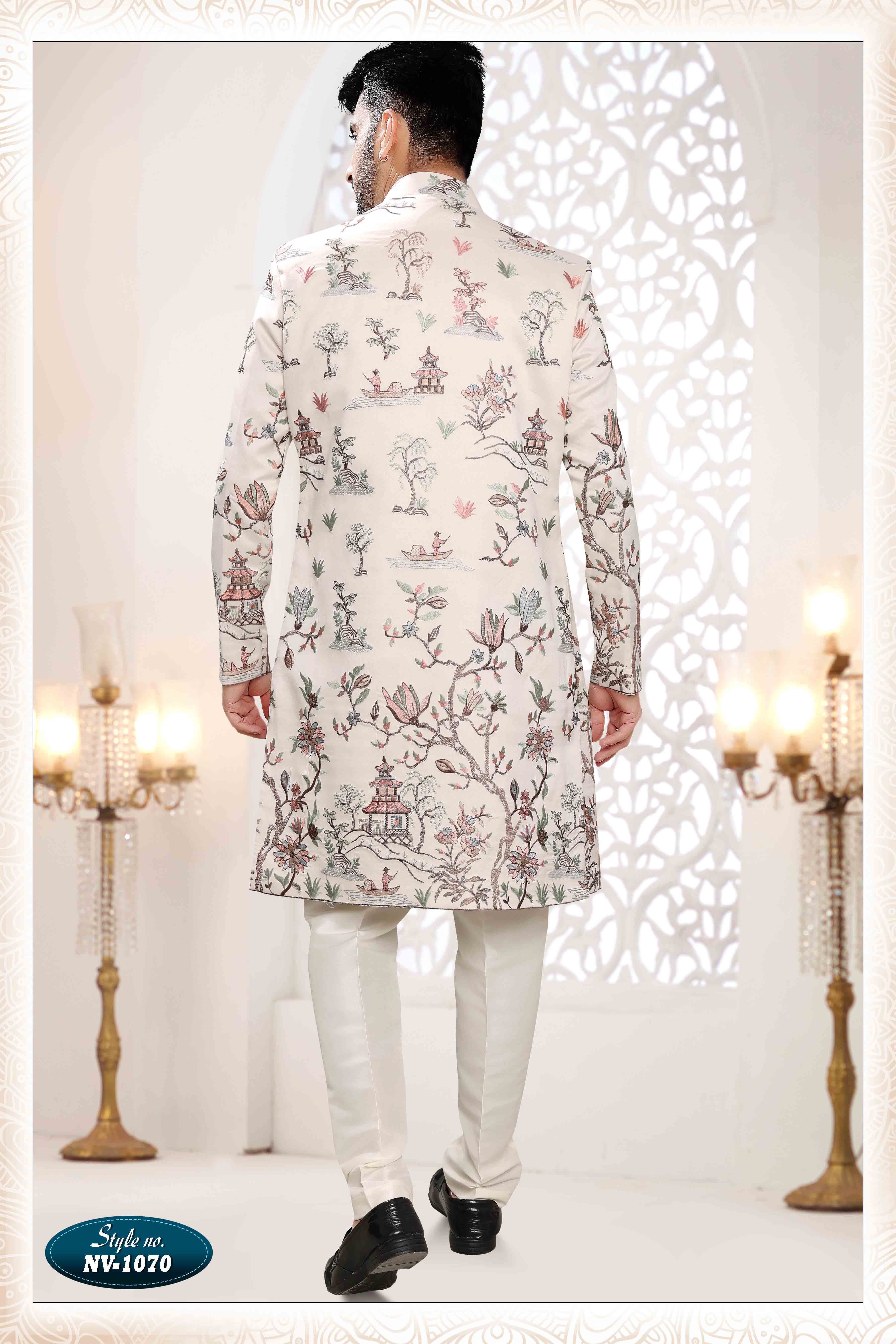 Embroidered Art Silk Sherwani in Off Cream