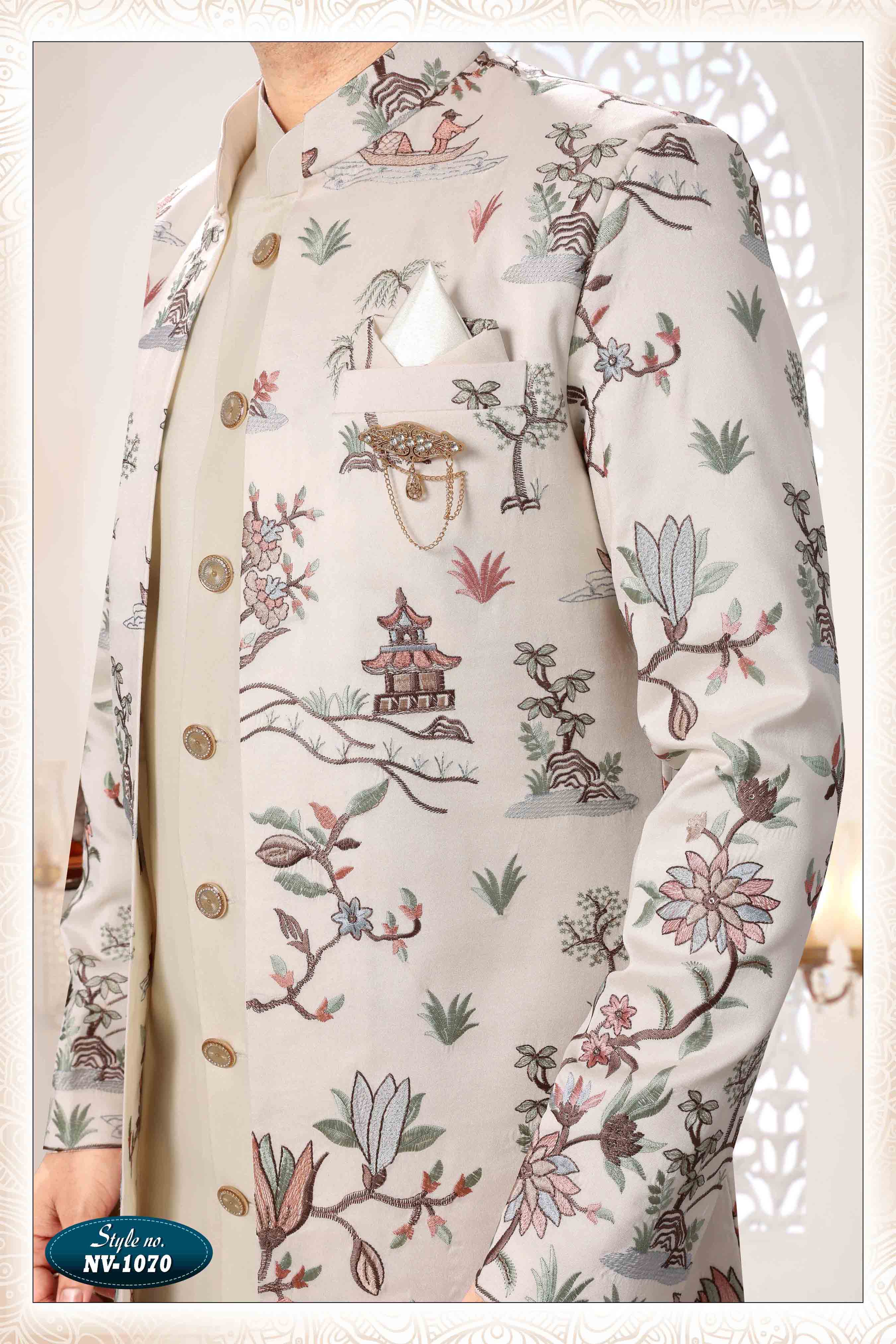 Embroidered Art Silk Sherwani in Off Cream