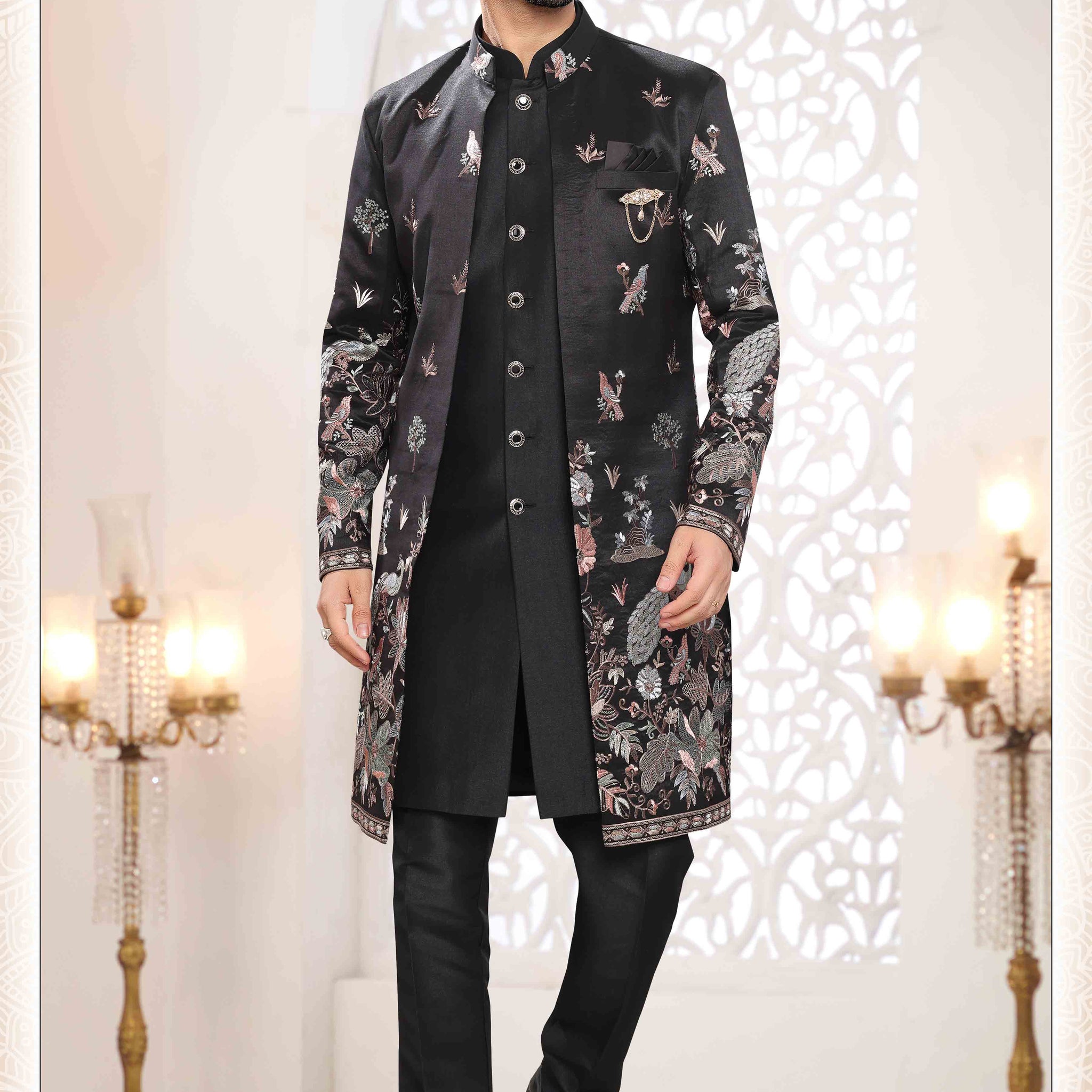 Embroidered Art Silk Sherwani in Off Black
