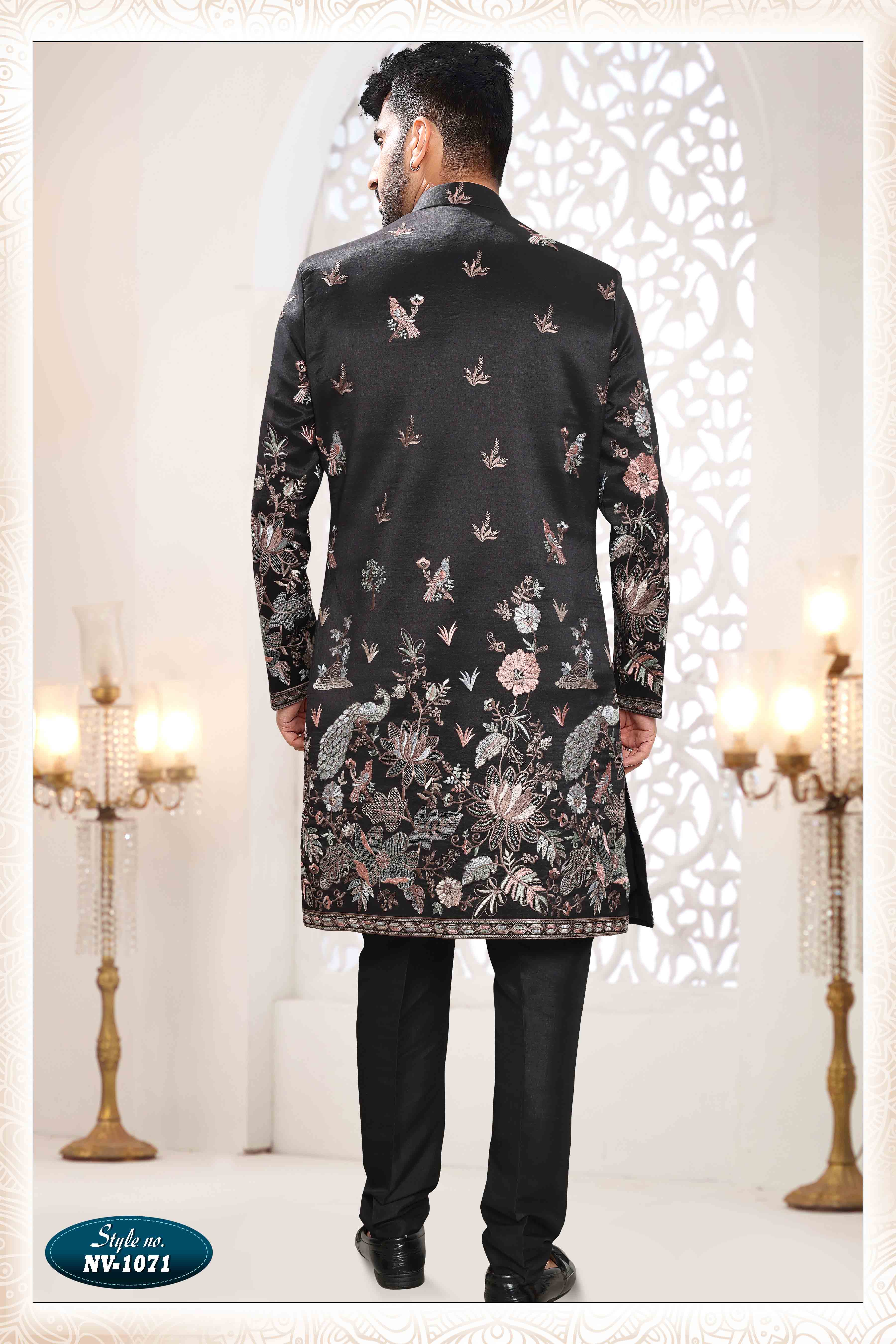 Embroidered Art Silk Sherwani in Off Black