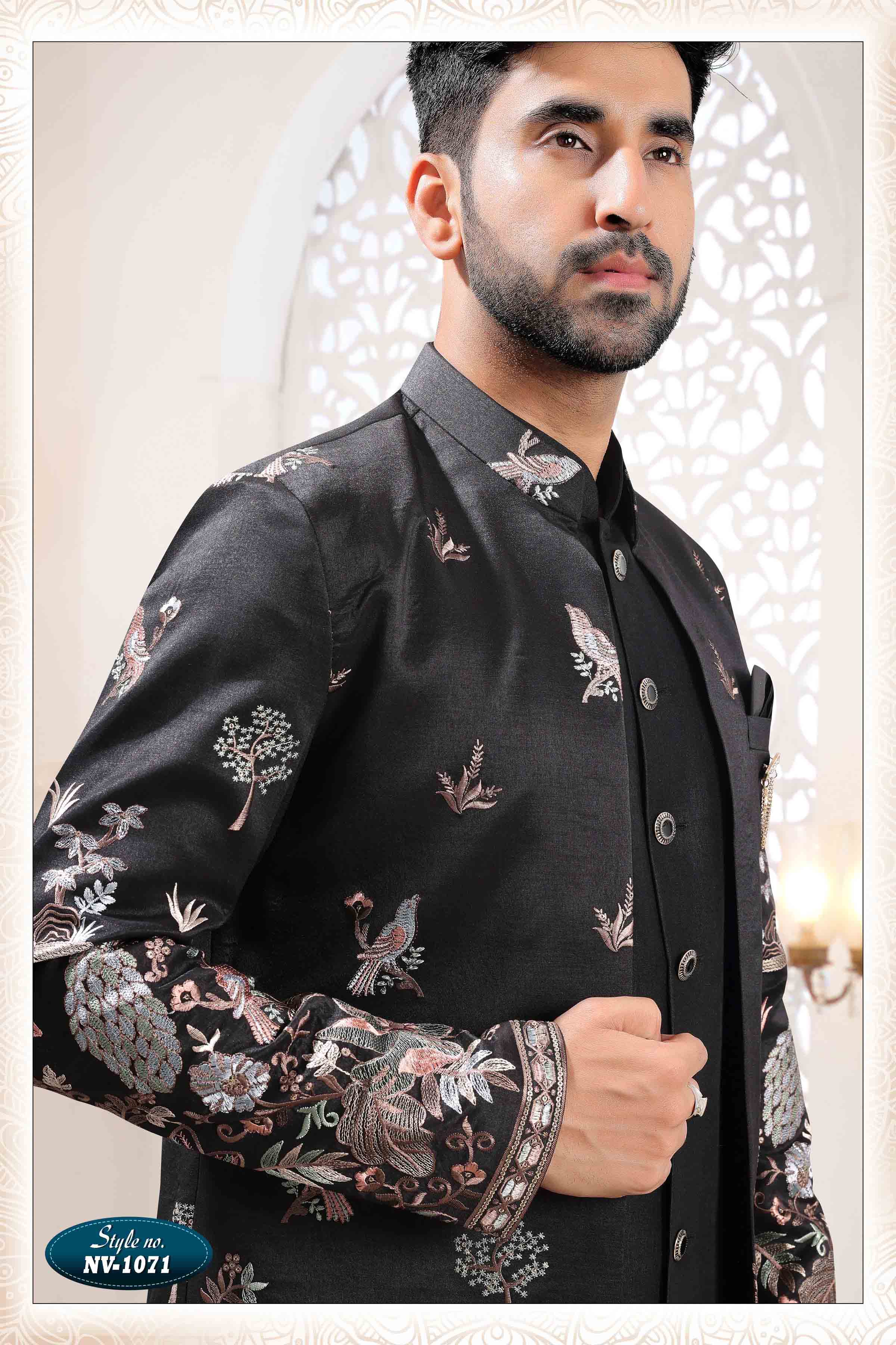 Embroidered Art Silk Sherwani in Off Black