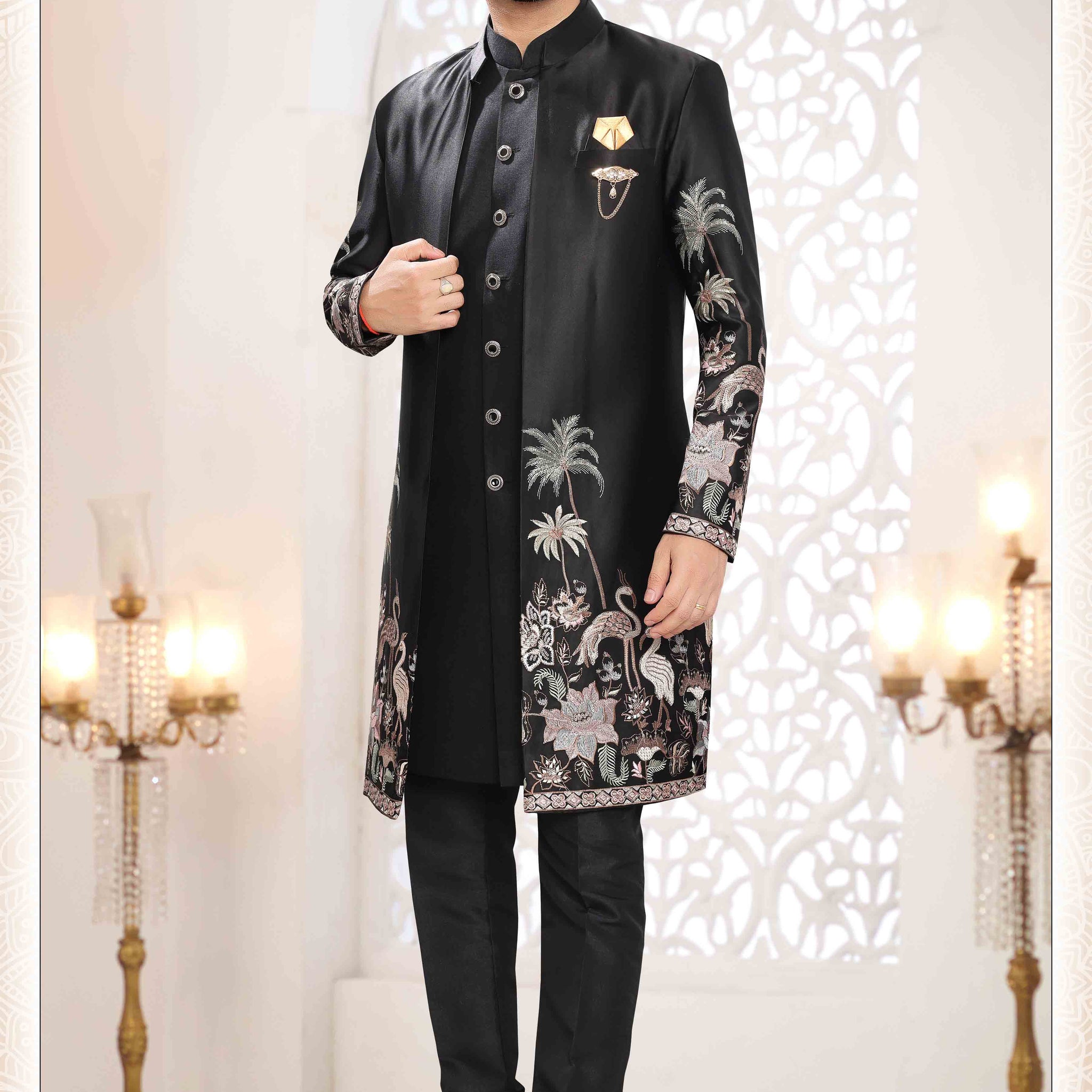 Embroidered Art Silk Sherwani in Off Black