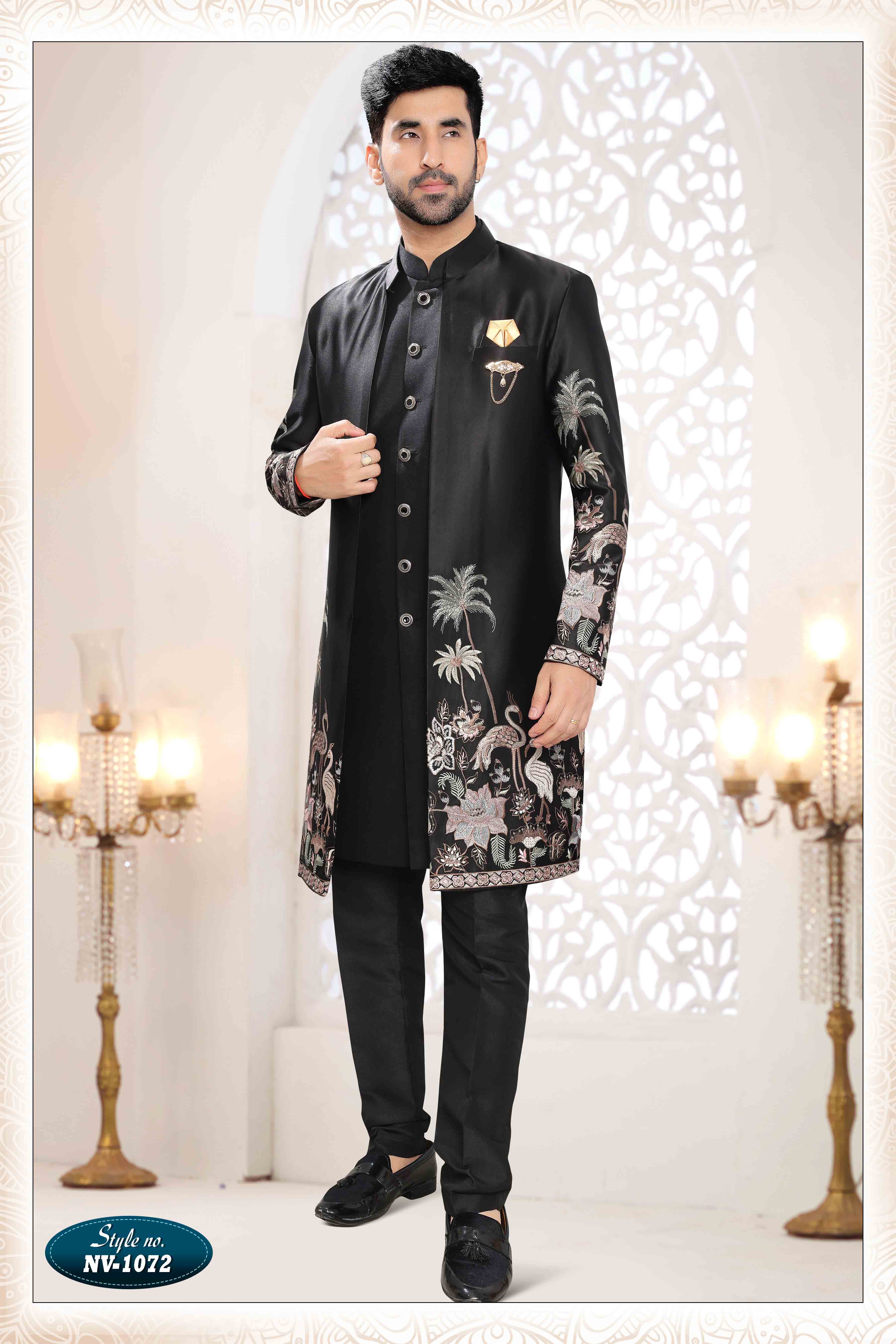 Embroidered Art Silk Sherwani in Off Black