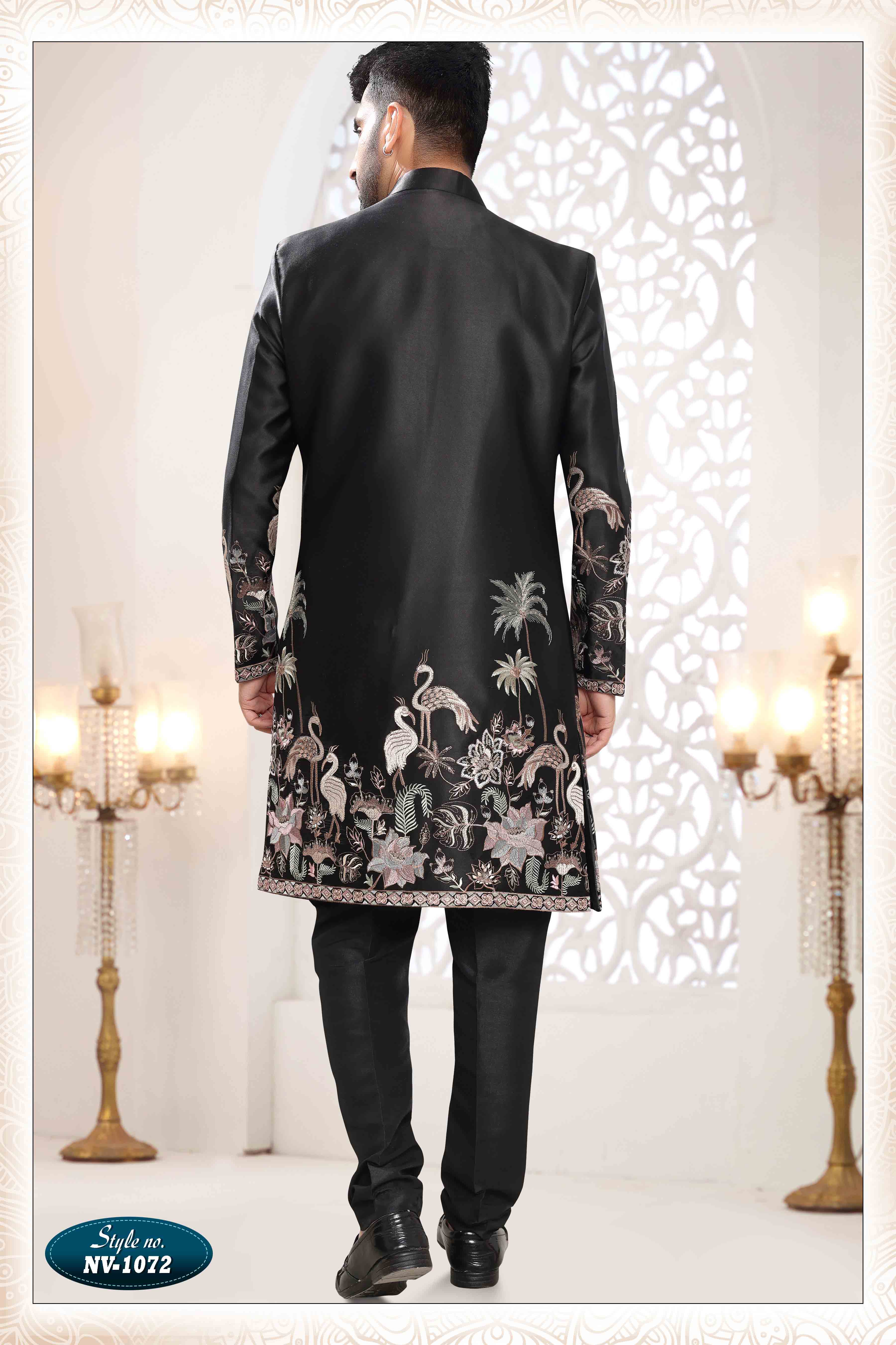 Embroidered Art Silk Sherwani in Off Black