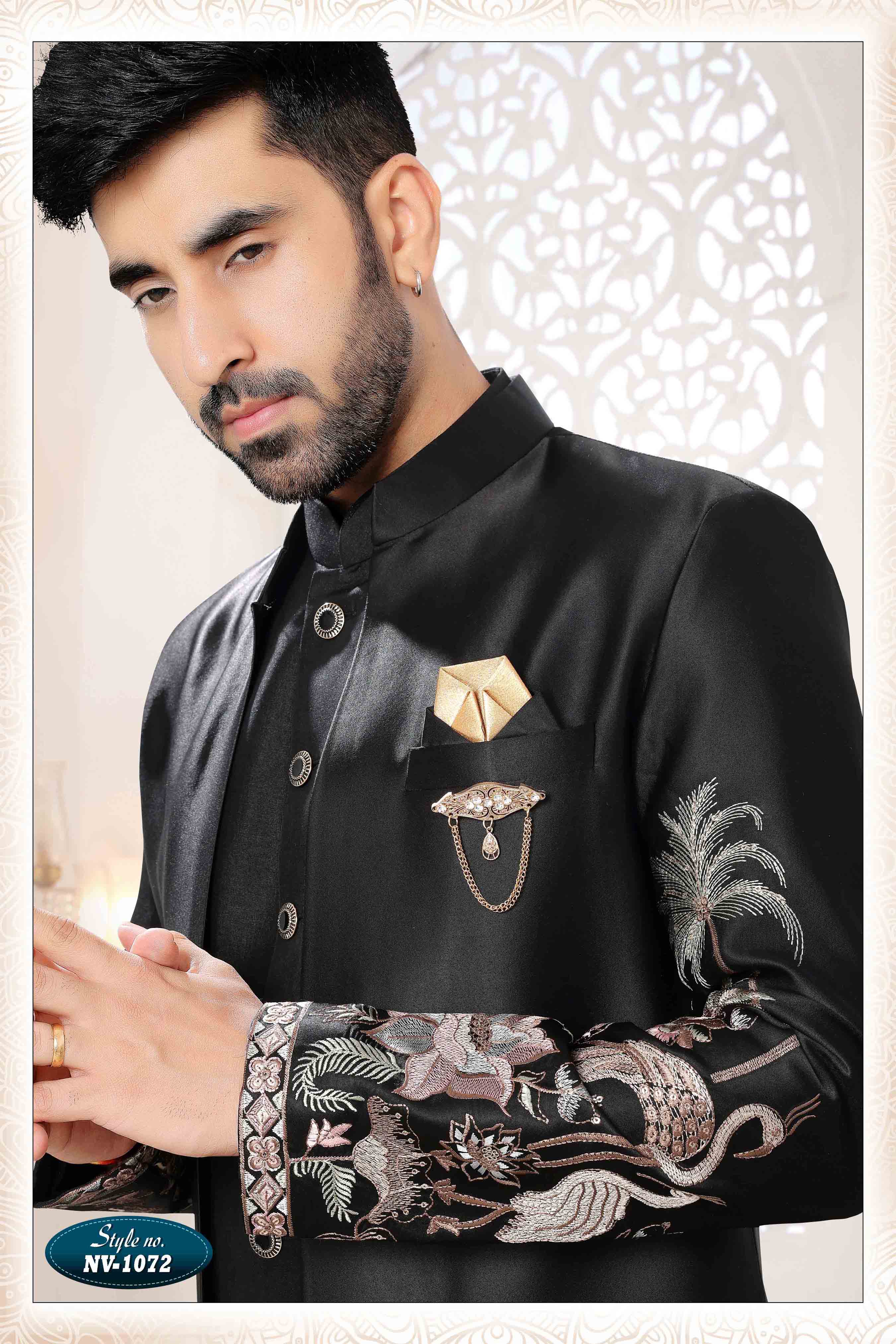 Embroidered Art Silk Sherwani in Off Black