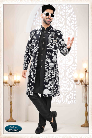 Embroidered Art Silk Sherwani in Off Black