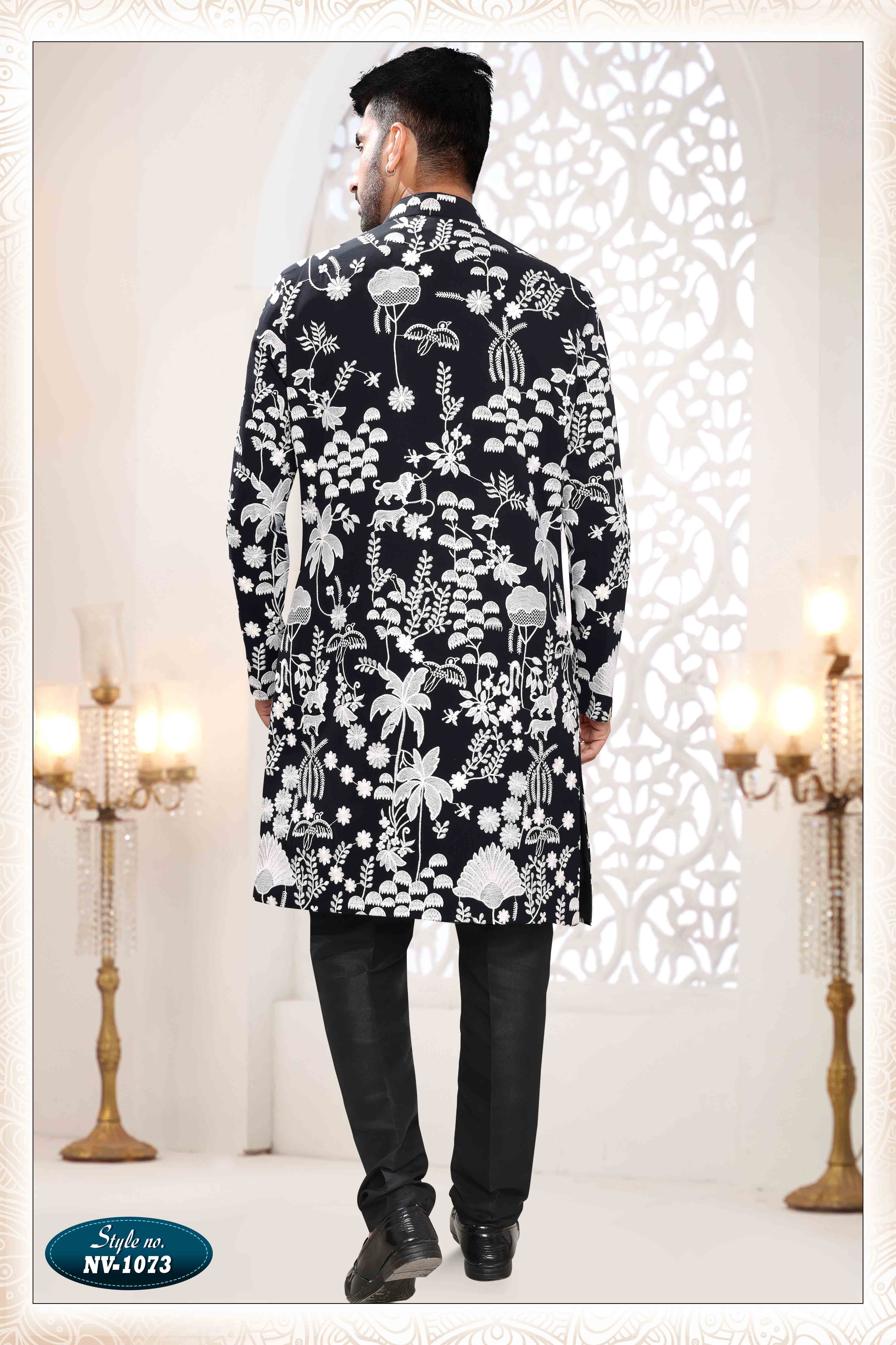 Embroidered Art Silk Sherwani in Off Black