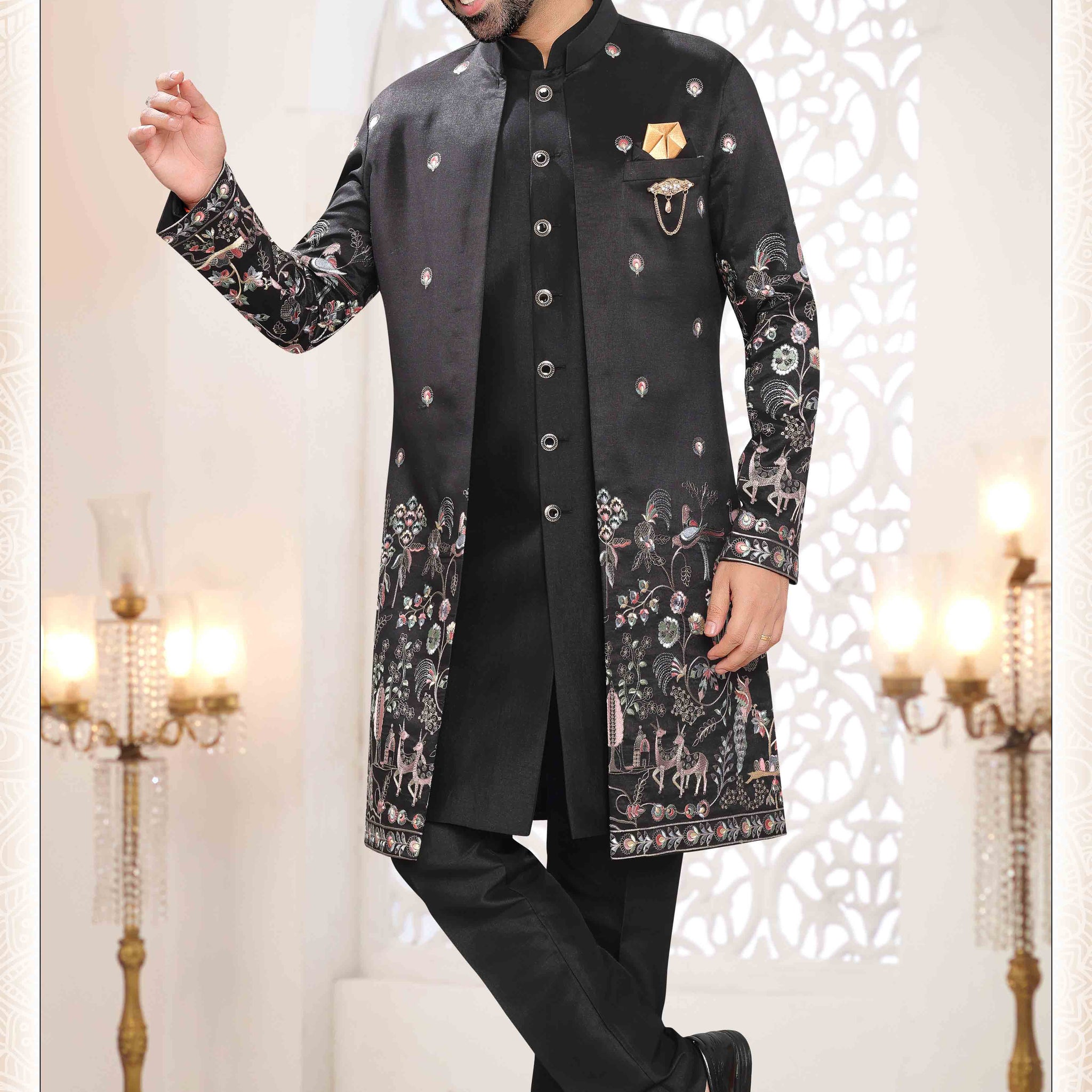 Embroidered Art Silk Sherwani in Off Black