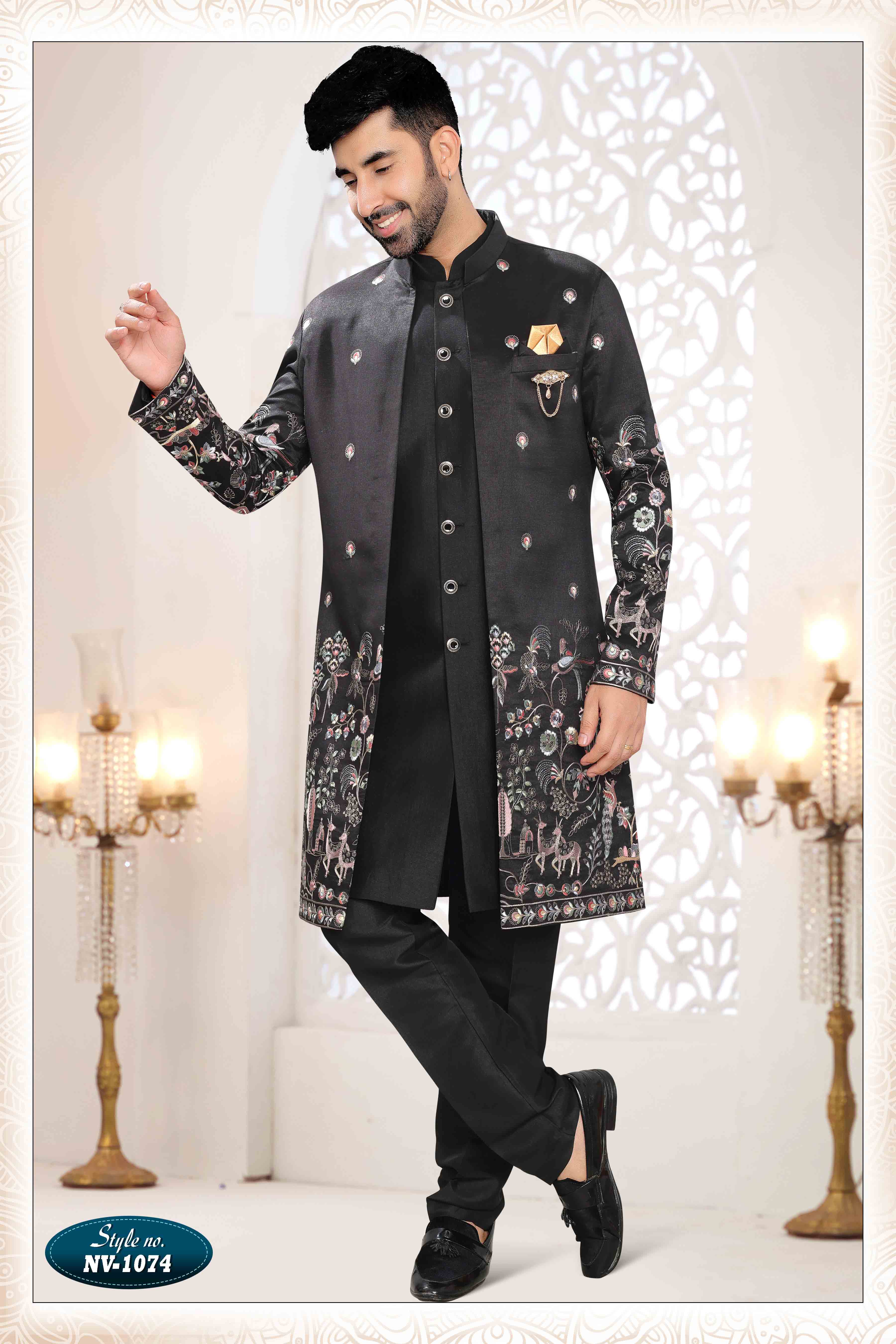 Embroidered Art Silk Sherwani in Off Black