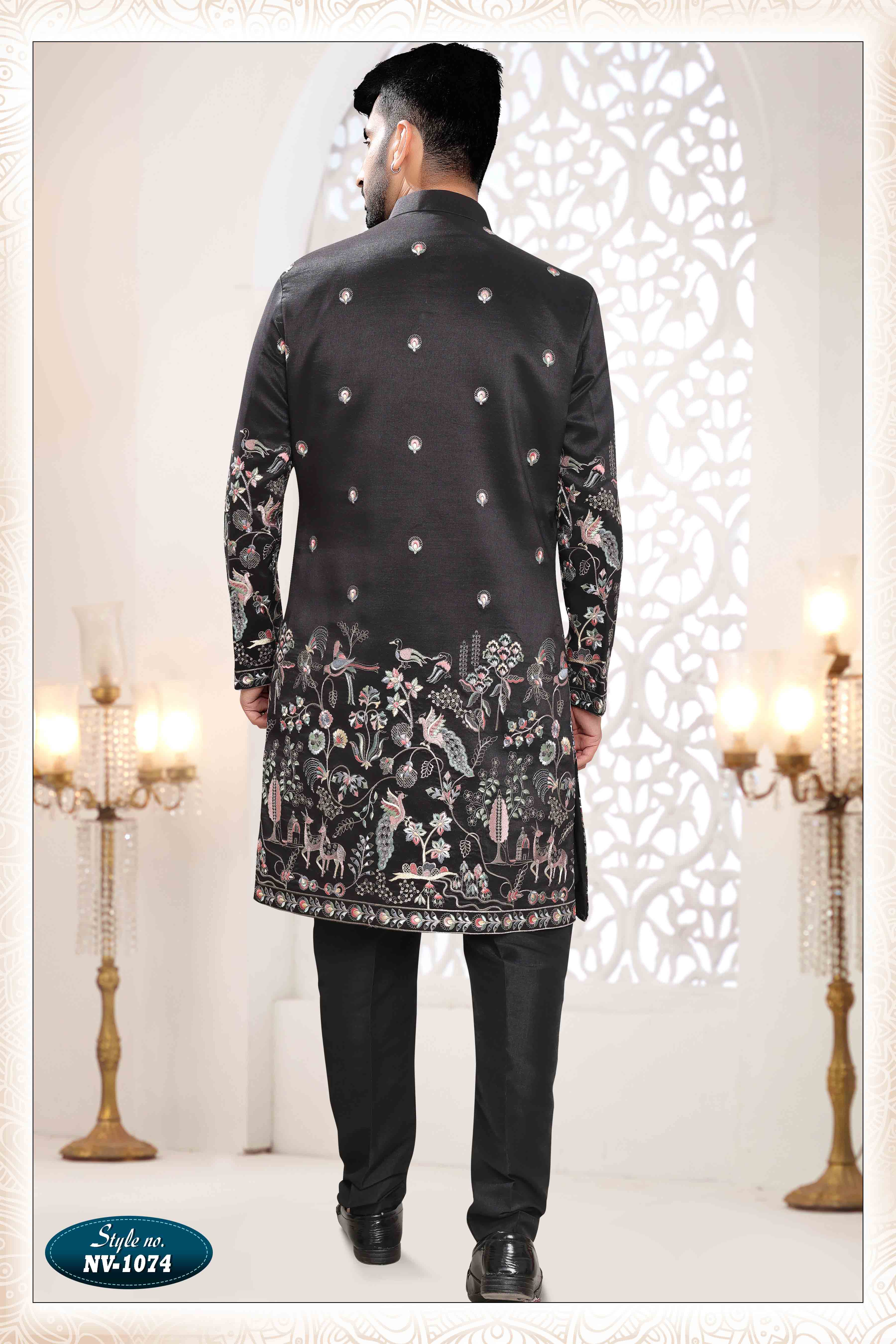 Embroidered Art Silk Sherwani in Off Black