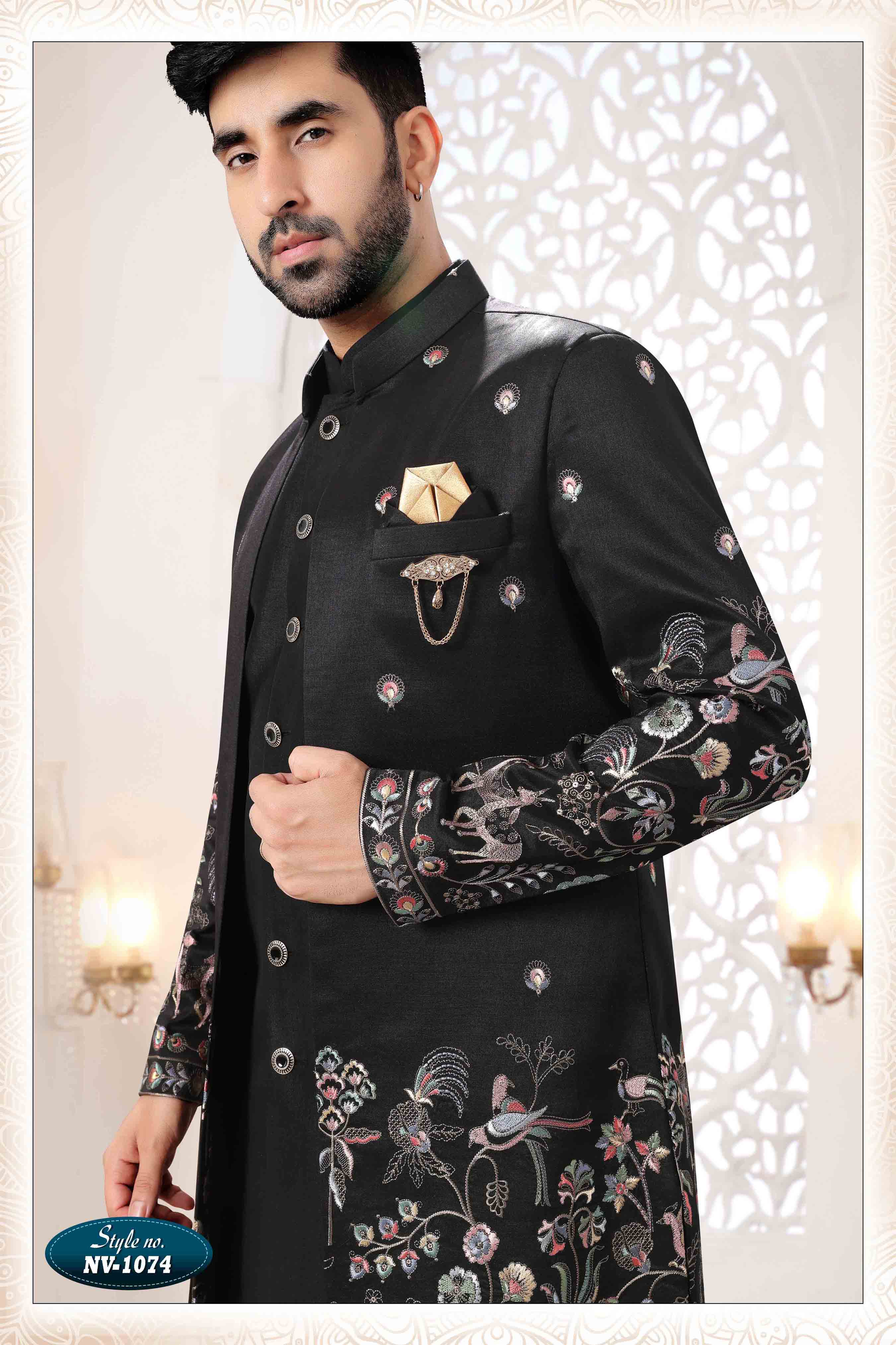 Embroidered Art Silk Sherwani in Off Black