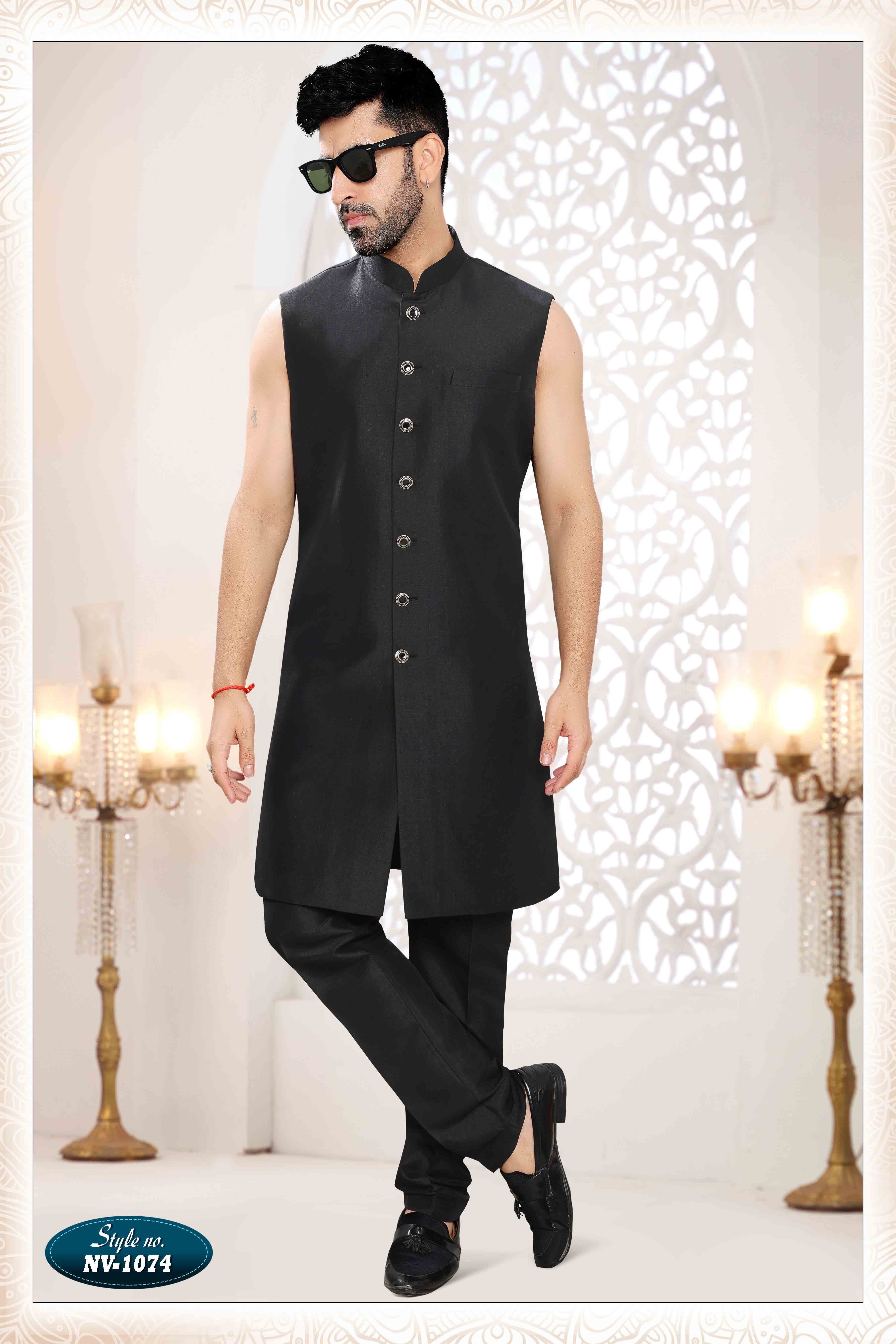 Embroidered Art Silk Sherwani in Off Black