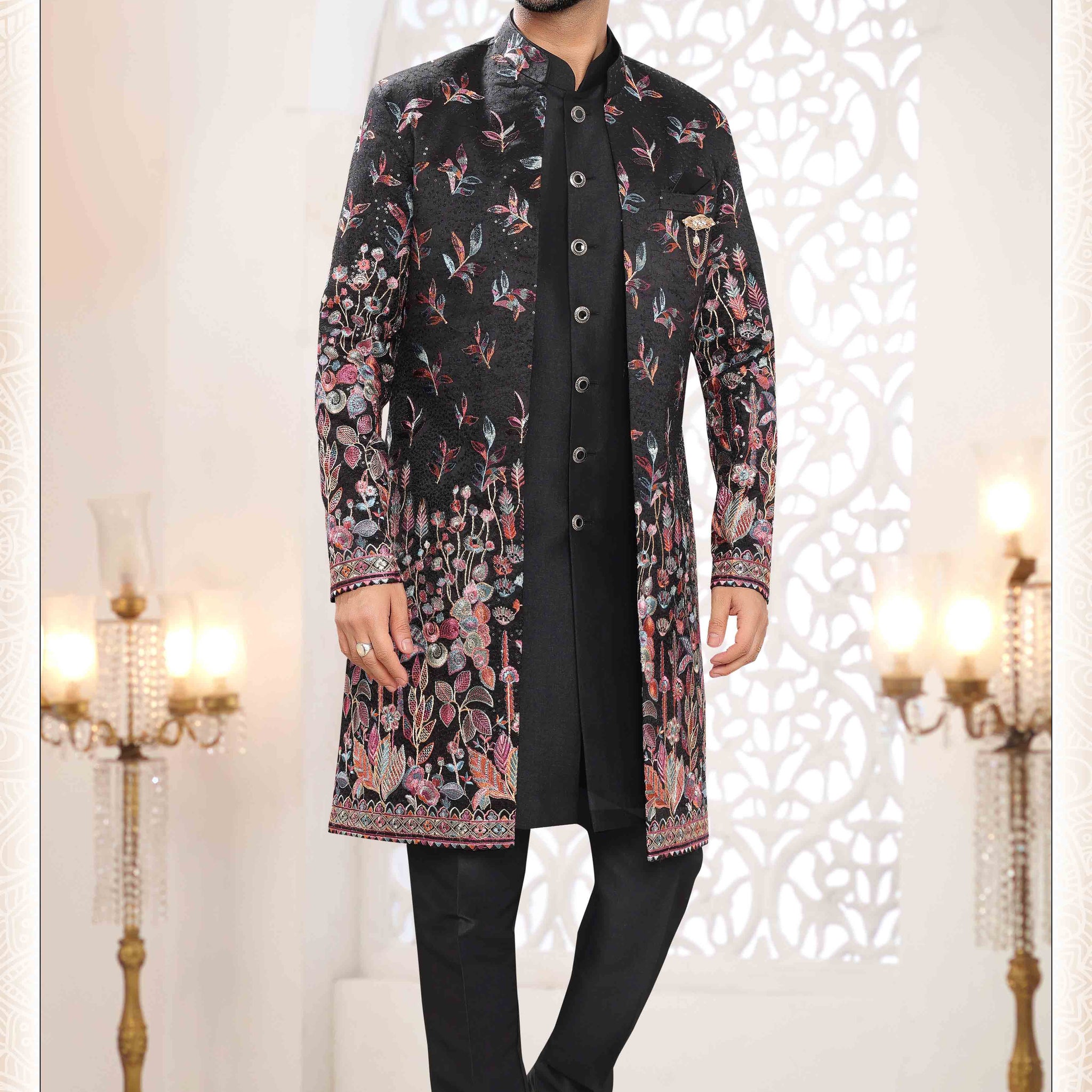 Embroidered Art Silk Sherwani in Off Black