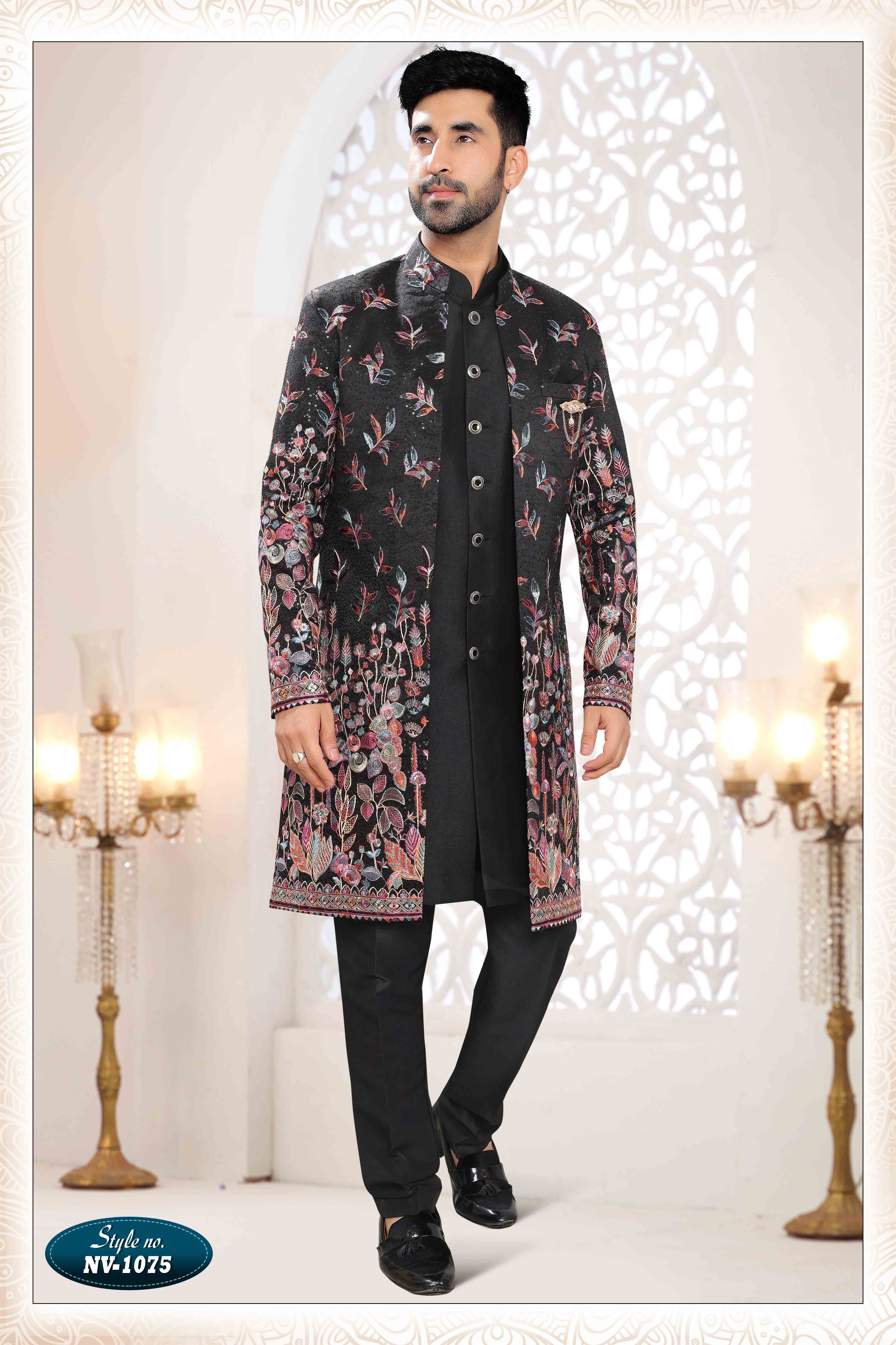 Embroidered Art Silk Sherwani in Off Black