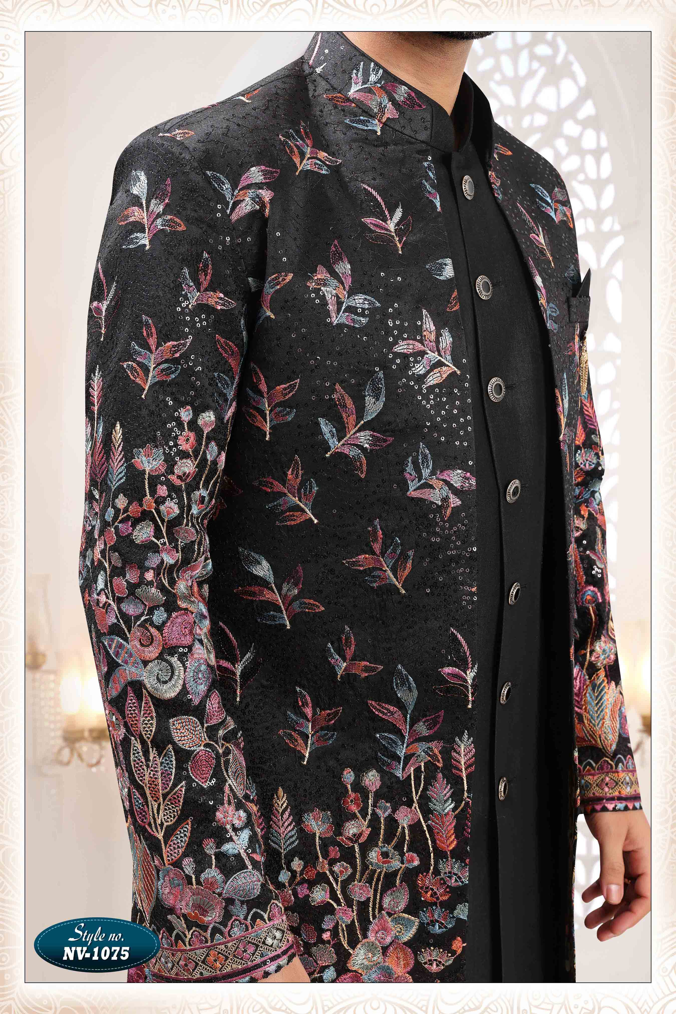 Embroidered Art Silk Sherwani in Off Black