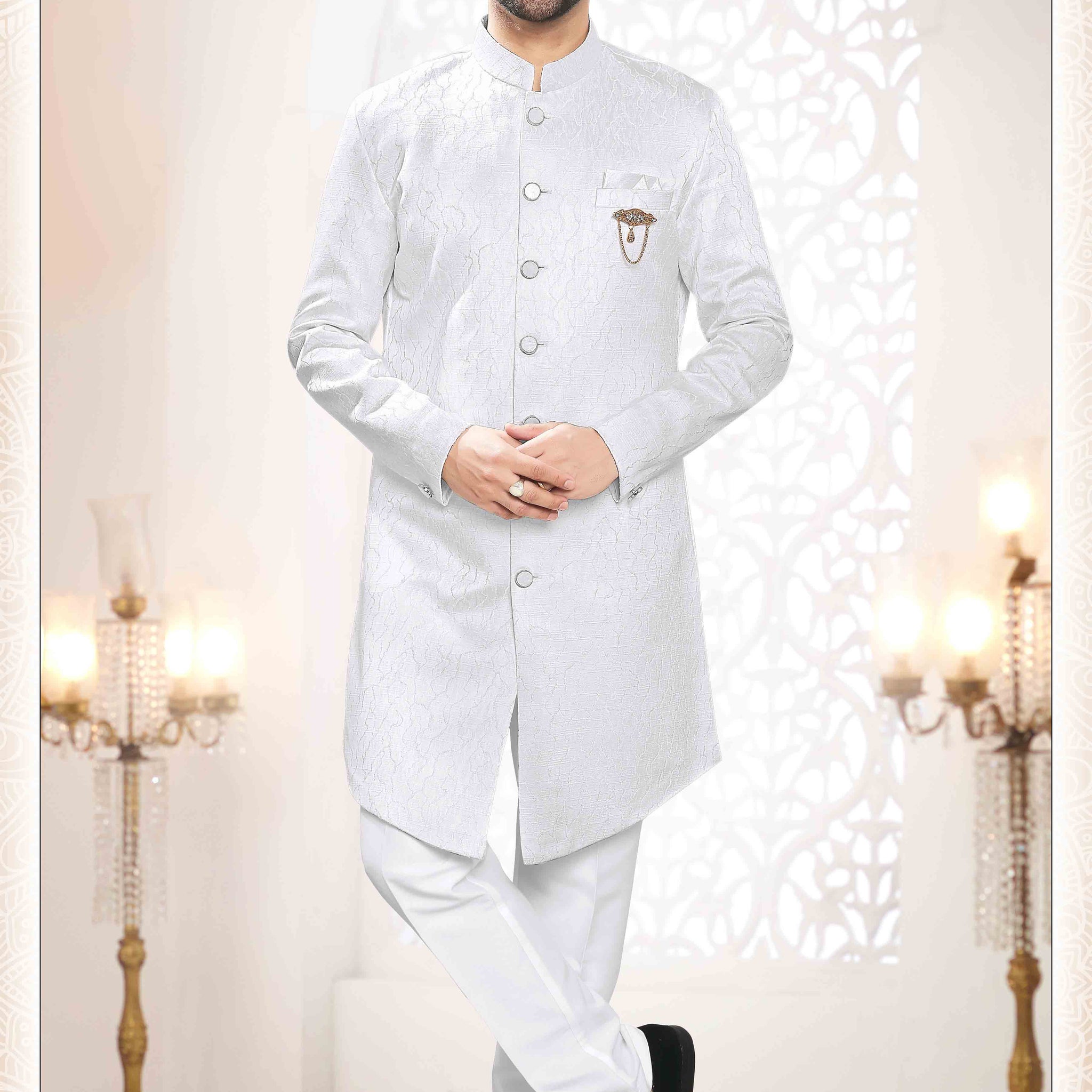 Woven Art Silk Jacquard Sherwani in Off White