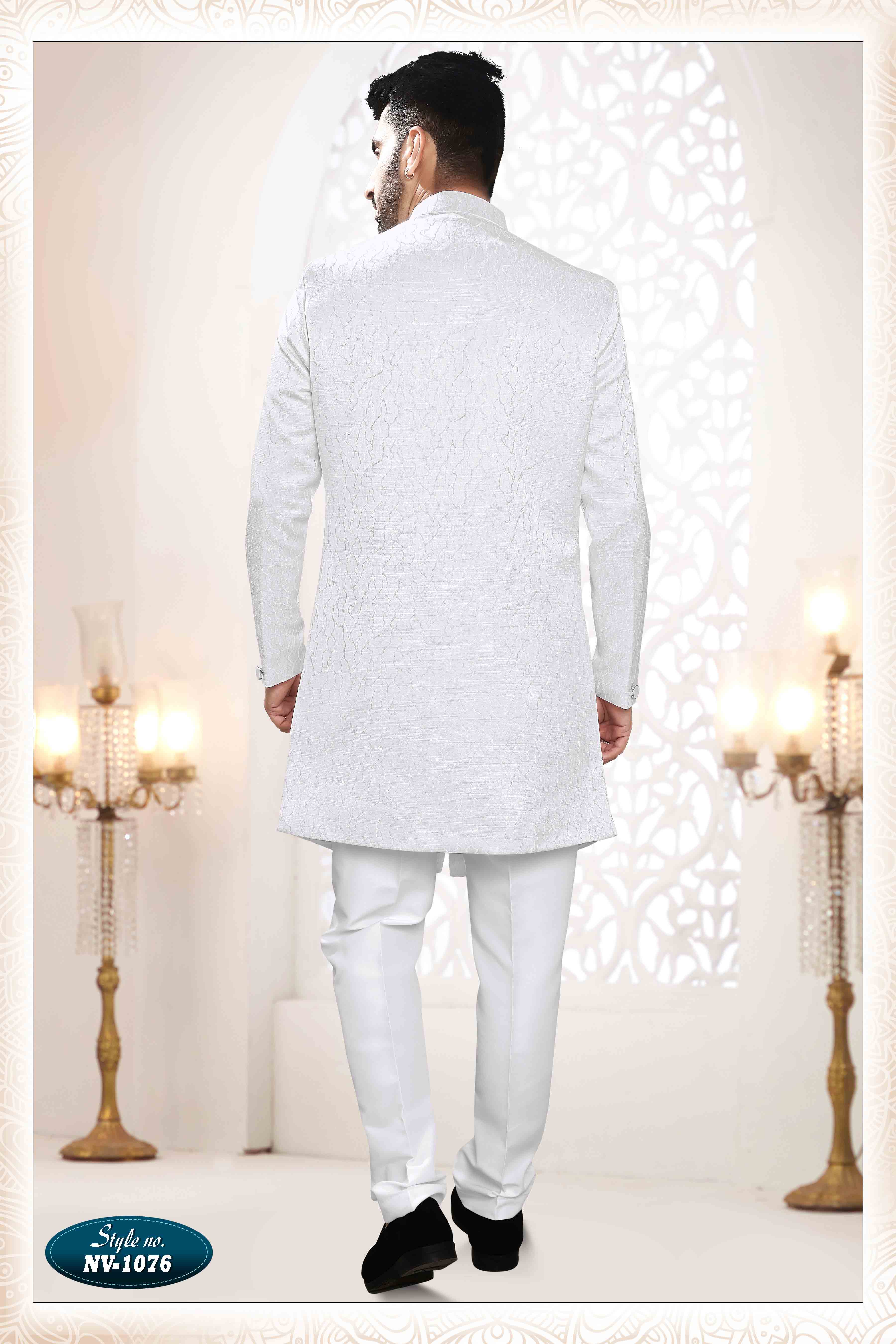 Woven Art Silk Jacquard Sherwani in Off White