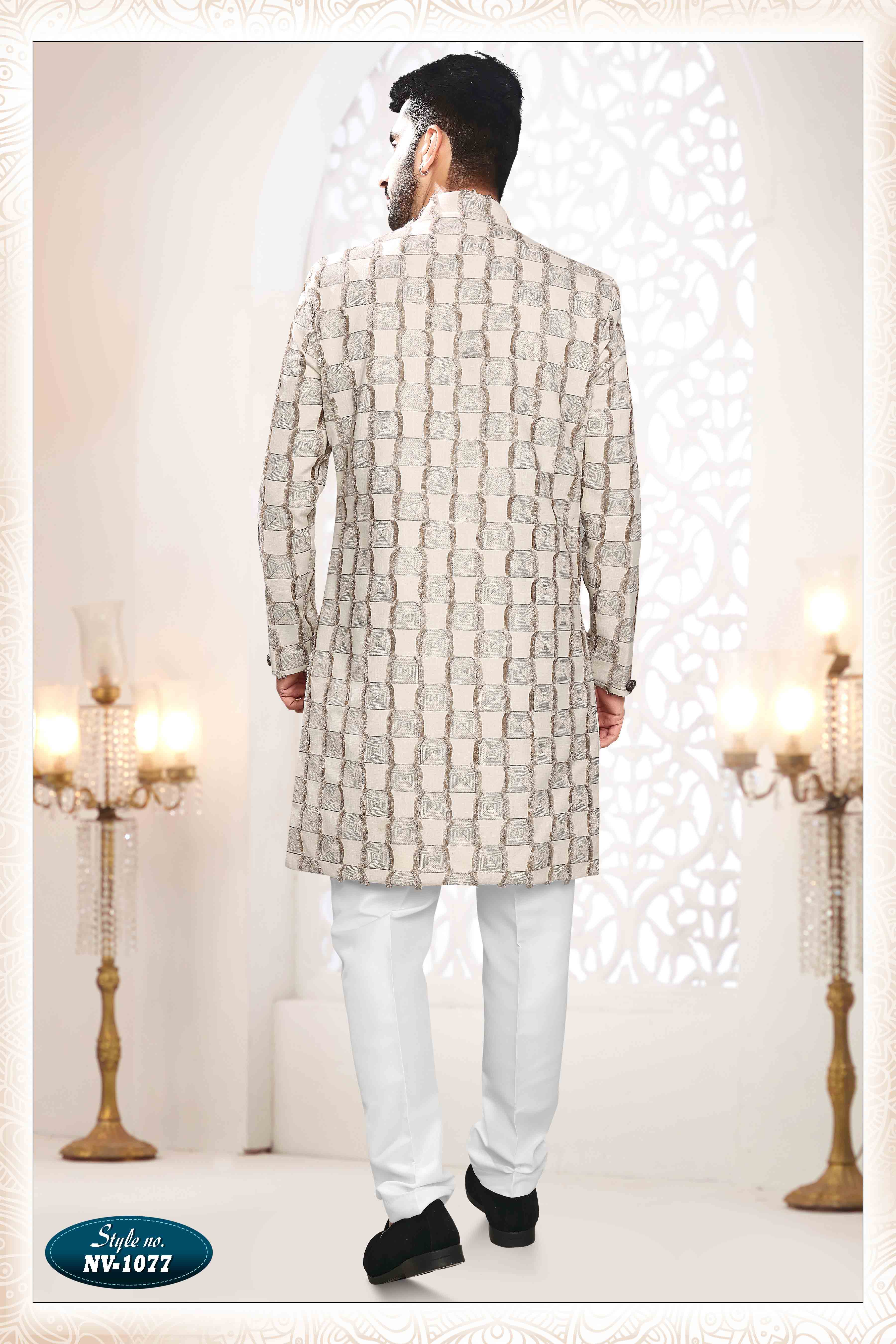 Embroidered Linen Sherwani in Beige