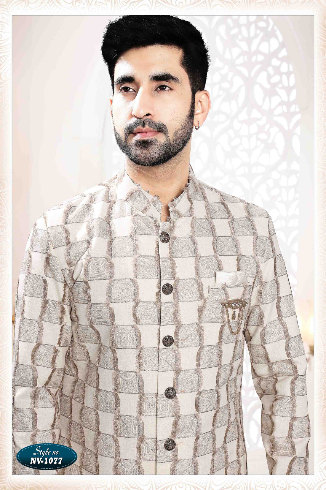 Embroidered Linen Sherwani in Beige